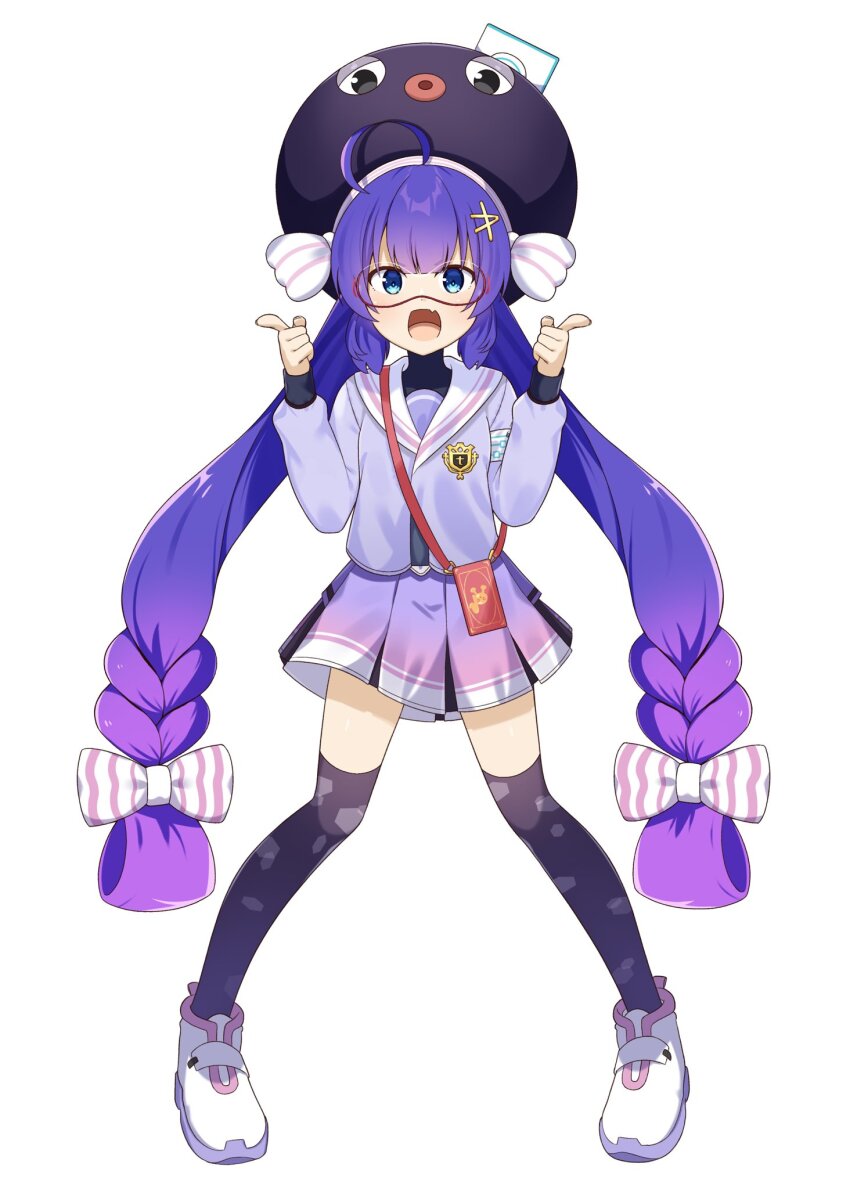 1girl ahoge armband black_thighhighs black_undershirt blue_eyes blue_hair blue_jacket blunt_bangs bow braid cellphone_strap chaakusu commentary_request eel_hat fang full_body goggles gradient_clothes gradient_hair gradient_skirt hair_between_eyes hair_bow hair_ornament hairclip hands_up hat hat_ribbon highres honeycomb_(pattern) honeycomb_print jacket large_hat long_hair long_sleeves looking_at_viewer low-braided_long_hair low-tied_long_hair low_twintails mortarboard multicolored_hair multicolored_shoes multicolored_skirt open_mouth otomachi_una otomachi_una_(voicepeak) over-kneehighs pigeon-toed pink_skirt pleated_skirt pointing pointing_at_viewer print_thighhighs puffy_long_sleeves puffy_sleeves purple_hair purple_hat purple_skirt red-framed_eyewear ribbon safety_pin sailor_collar sailor_jacket shirt shoes shoulder_strap simple_background skin_fang skirt smartphone_case smile solo speech_bubble standing striped_bow striped_ribbon talkex thighhighs turtleneck turtleneck_shirt twintails v-shaped_eyebrows variant_set vertical-striped_bow very_long_hair voicepeak white_armband white_background white_bow white_ribbon white_sailor_collar white_shoes