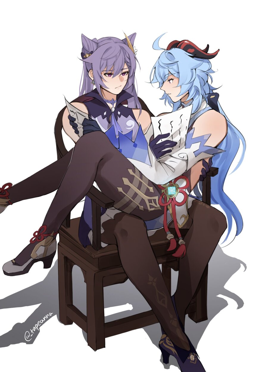 2girls absurdres ahoge artist_name ascot bare_shoulders blue_bow blue_gemstone blue_hair bodystocking bow brown_pantyhose chair chinese_clothes closed_mouth collared_dress commentary cone_hair_bun detached_sleeves dress earrings english_commentary flower_earrings flower_knot frills ganyu_(genshin_impact) gem genshin_impact gloves hair_between_eyes hair_bow hair_bun hair_ornament high_heels highres hitodama_print holding holding_paper jewelry keqing_(genshin_impact) long_hair long_sleeves looking_at_another looking_at_object low_ponytail multiple_girls necklace on_chair pantyhose paper pearl_(gemstone) pelvic_curtain ponytail purple_ascot purple_bow purple_dress purple_eyes purple_gloves purple_hair purple_shoes reading shadow shoes simple_background sitting sitting_on_person sleeveless sleeveless_dress smile tapeanna tassel teeth twintails vision_(genshin_impact) wavy_hair white_background white_shoes white_sleeves wide_sleeves yuri