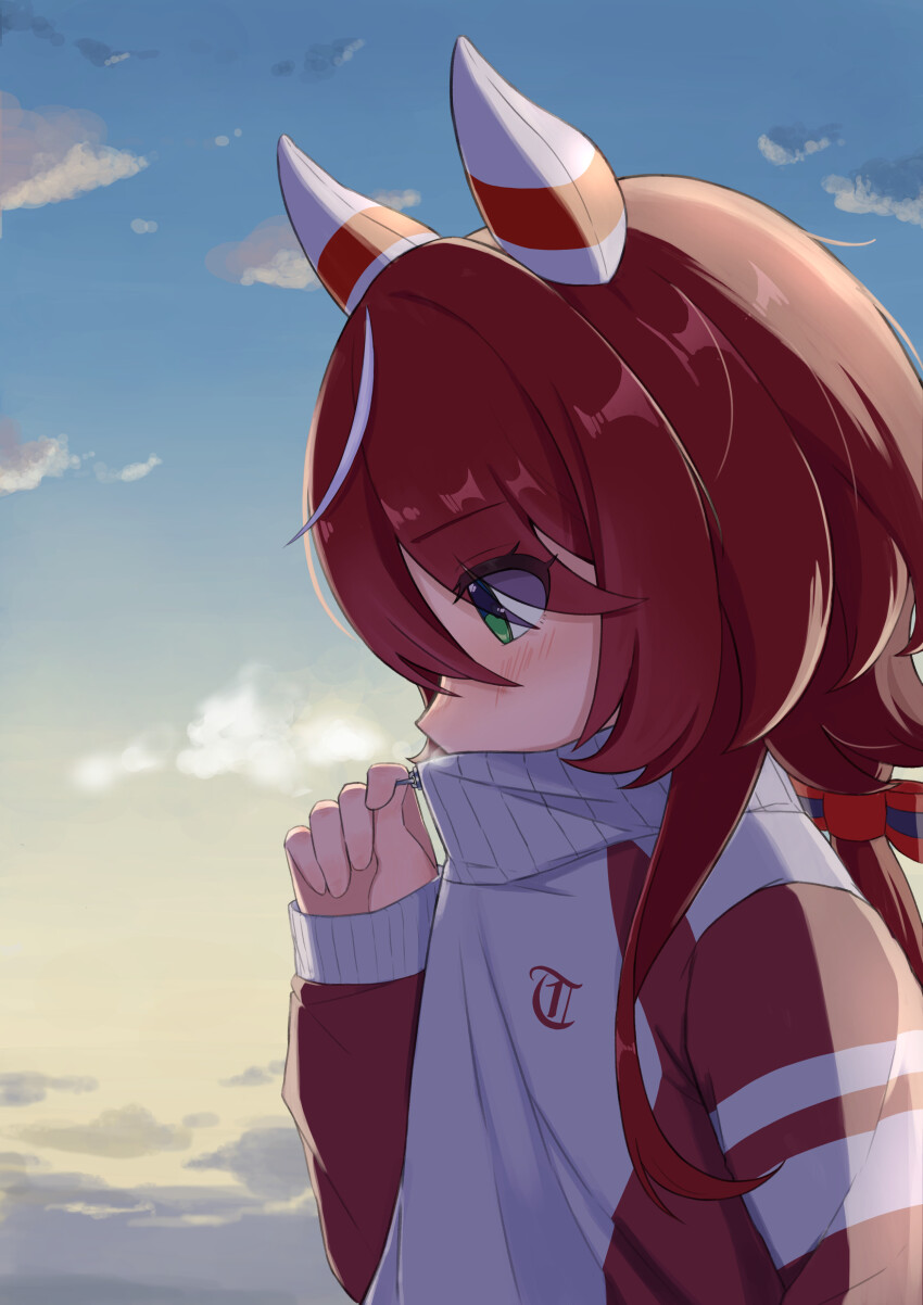 1girl absurdres animal_ears blue_sky blush breath cloud ear_covers from_side green_eyes hair_between_eyes hair_ornament highres horse_ears horse_girl jacket long_hair mugi_mg317 outdoors red_hair red_jacket red_track_suit sky solo tracen_training_uniform track_jacket track_suit twintails umamusume upper_body win_variation_(umamusume)