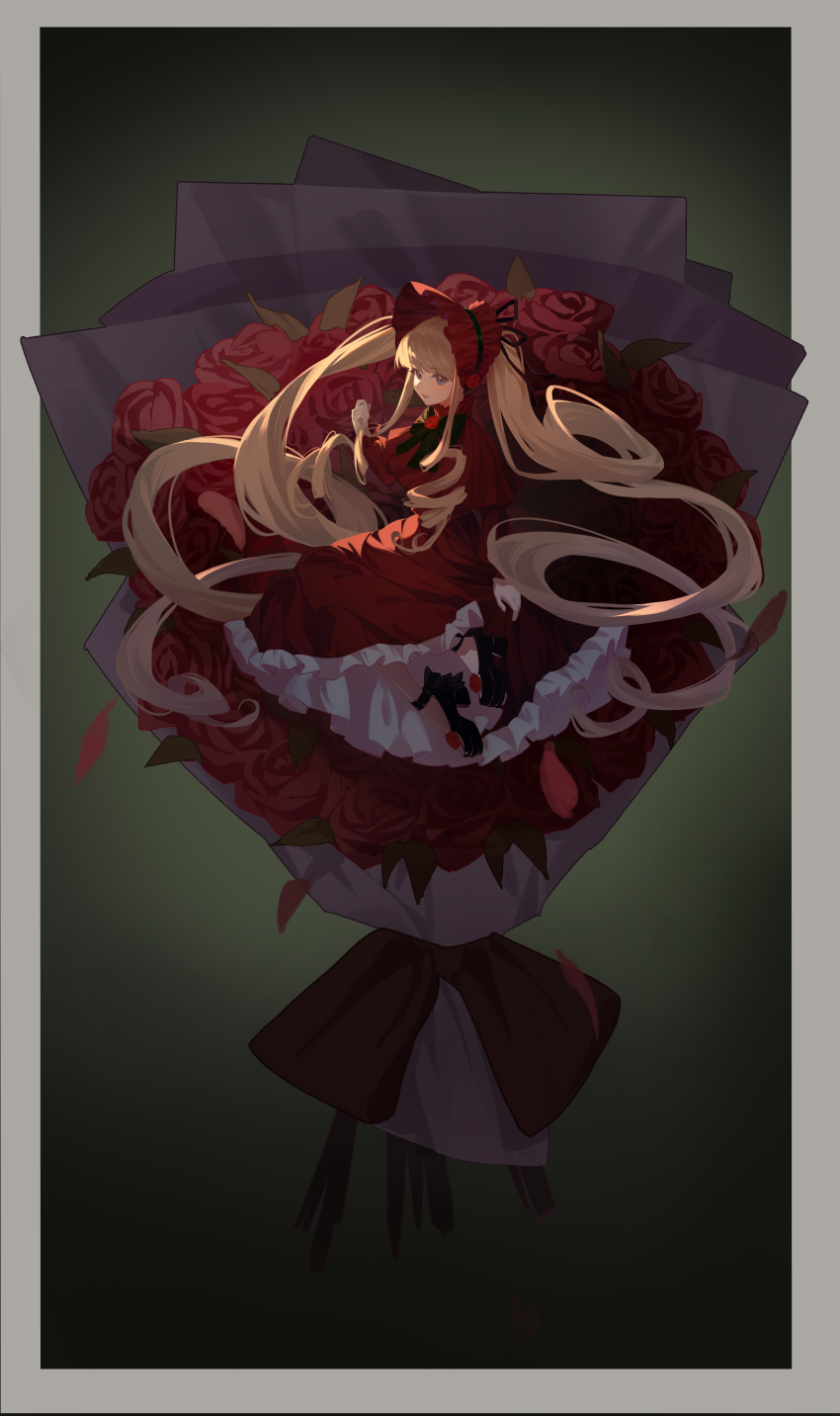 1girl absurdres black_bow black_bowtie blonde_hair bonnet bouquet bow bowtie capelet dress drill_hair flower high_heels highres long_sleeves looking_at_viewer purple_eyes red_bonnet red_capelet red_dress red_flower red_rose rose rozen_maiden shinku sidelocks solo twin_drills user_rvnf8425