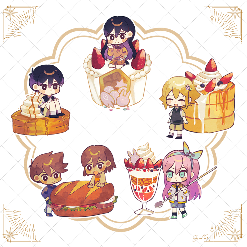 2girls 4boys antenna_hair aubrey_(faraway)_(omori) aubrey_(omori) basil_(faraway)_(omori) basil_(omori) black_eyes black_hair black_socks blonde_hair blue_eyes blue_hairband blue_sweater blush bright_pupils brother_and_sister brothers brown_eyes brown_hair brown_shorts brown_skirt cake chibi chibi_only closed_eyes closed_mouth collared_shirt colored_inner_hair crop_top dark-skinned_male dark_skin flower food forest_bunny_(omori) genk1zam4s grey_pants hair_flower hair_ornament hairband hero_(faraway)_(omori) hero_(omori) holding holding_spoon ice_cream jacket kel_(faraway)_(omori) kel_(omori) long_sleeves looking_at_viewer mari_(faraway)_(omori) mari_(omori) multicolored_hair multiple_boys multiple_girls navel omori open_mouth pancake pancake_stack pants pink_hair purple_hair sandwich seiza shirt short_hair short_sleeves shorts siblings sitting skirt smile socks something_(omori) spoilers spoon sundae sunny_(omori) sweater white_jacket white_pupils white_shirt
