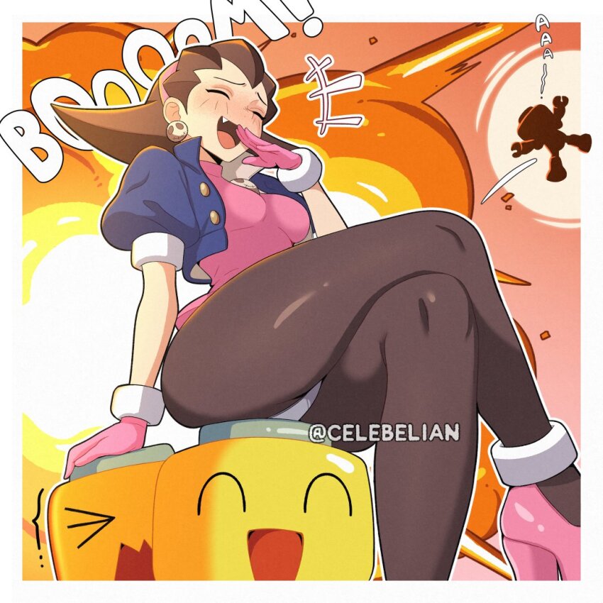 1girl ass breasts brown_hair brown_pantyhose celebelian commentary crotch_plate dress earrings english_commentary english_text explosion fang gloves hair_pulled_back hairband high_heels jacket jewelry laughing mega_man_(series) mega_man_legends_(series) ojou-sama_pose open_clothes open_jacket pantyhose pink_dress pink_gloves pink_hairband puffy_short_sleeves puffy_sleeves robot servbot_(mega_man) short_sleeves signature sitting sitting_on_head sitting_on_person skull_earrings thick_thighs thighs tron_bonne_(mega_man)