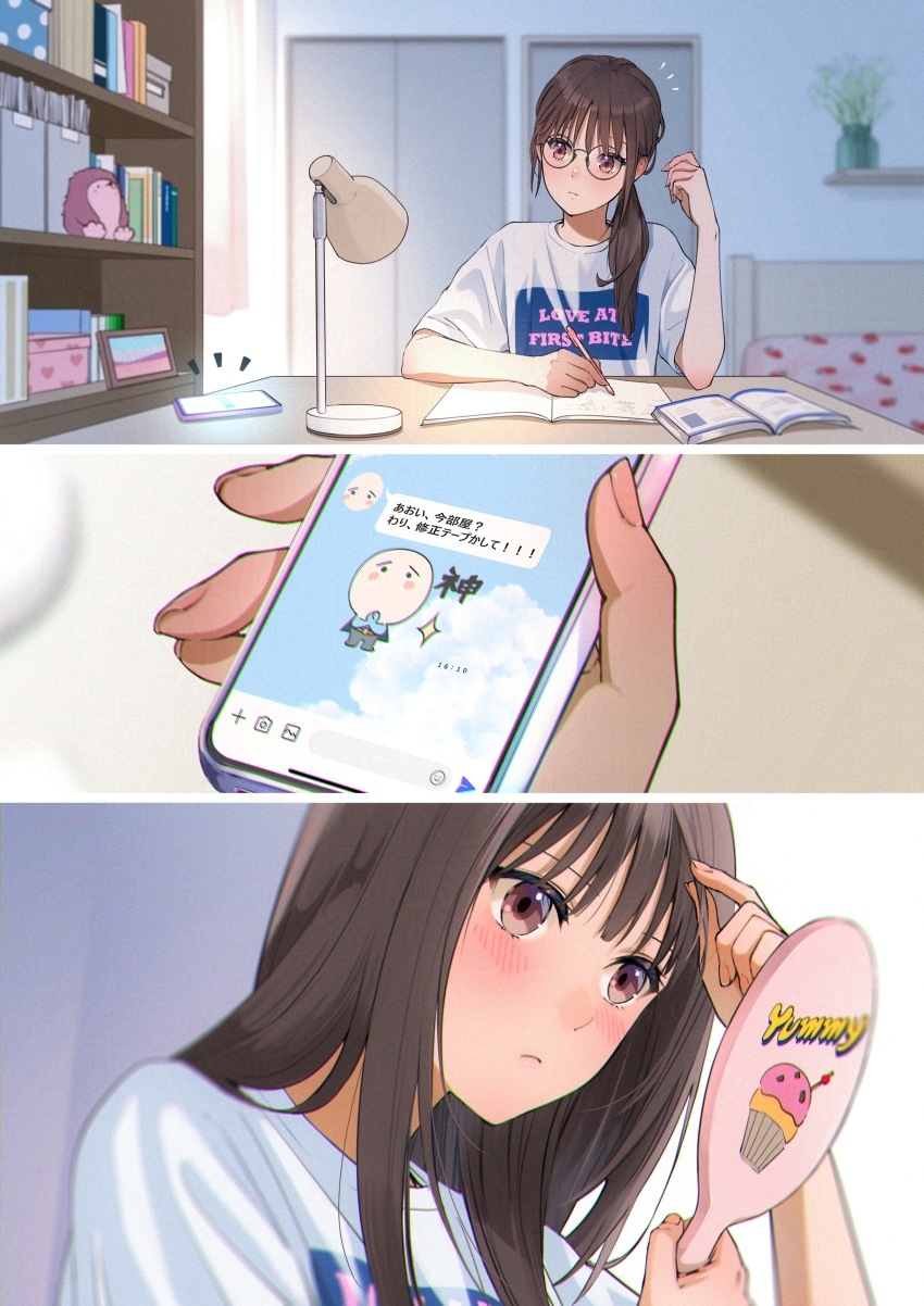 1girl absurdres adjusting_hair blurry blush book bookshelf brown_eyes brown_hair cellphone cupcake cupcake_print desk_lamp food glasses hand_mirror highres indoors lamp long_hair macaronk mirror open_book original phone ponytail shirt studying t-shirt translation_request