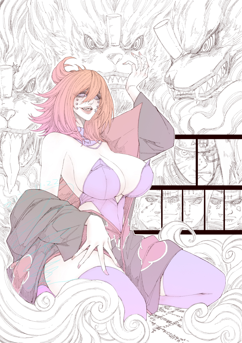 1girl 6+boys absurdres akatsuki_uniform breasts cheek_piercing chikushoudou_pain chin_piercing cleavage closed_mouth ear_piercing face_piercing facial_mark forehead_protector highres huge_breasts jigokudou_pain jiraiya_(naruto) jun_wu_mo long_hair looking_at_viewer multiple_boys naruto_(series) naruto_shippuuden ningendou_pain nose_piercing orange_hair pain_(naruto) piercing profile rinnegan short_hair shuradou_pain signature spiked_hair uzumaki_naruto