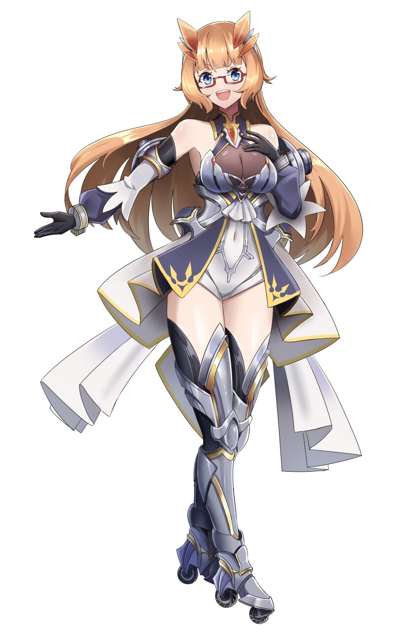 1girl :d absurdres armor armored_boots armored_gloves black_gloves blue_eyes boots breasts brown_hair cleavage clothing_cutout glasses gloves headgear highres jewelry long_hair mecha_musume medium_breasts miranda_(sudhiro_sappurisa) open_mouth original roller_skates see-through_cleavage see-through_clothes simple_background skates sleeveless smile solo stomach_cutout sudhiro_sappurisa thighhighs thighhighs_under_boots thighs white_background