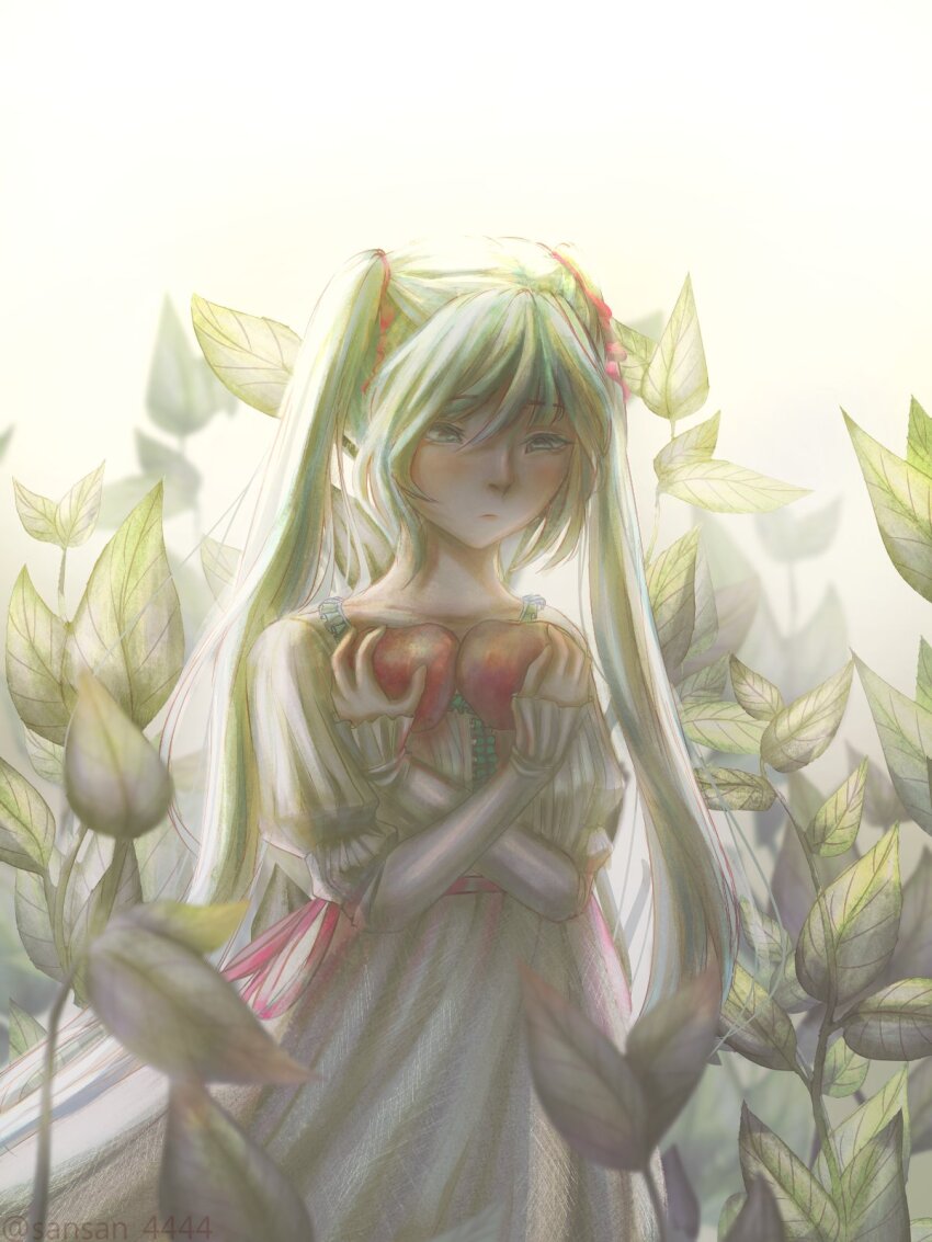 1girl apple aqua_eyes aqua_hair backlighting blurry collarbone depth_of_field dress eve_moonlit evillious_nendaiki faux_traditional_media food frilled_dress frilled_sleeves frills fruit hair_between_eyes hair_ribbon hatsune_miku highres holding holding_food holding_fruit leaf long_hair long_sleeves looking_down ma_keikaku_(vocaloid) moonlit_bear_(vocaloid) pink_ribbon ribbon ribbon-trimmed_dress ribbon_trim sansan_4444 solo twintails twitter_username very_long_hair vocaloid white_dress