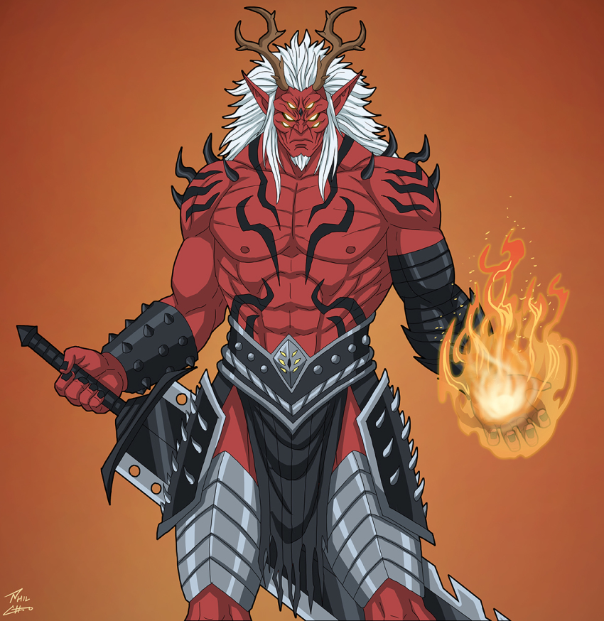 1boy artist_request claws clenched_hands colored_skin commission dc_comics demon demon_boy demon_horns destruction extra_eyes fangs fire glowing glowing_eyes highres holding holding_sword holding_weapon horns huge_weapon long_hair monster phil-cho pointy_ears red_skin sharp_teeth sword teen_titans teeth trigon weapon white_hair