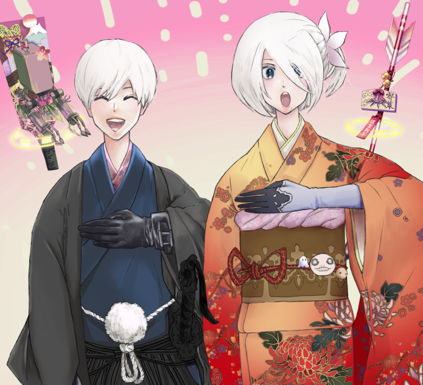 1boy 1girl 2b_(nier:automata) 9s_(nier:automata) :d black_blindfold black_gloves blindfold blue_eyes blue_kimono closed_eyes cowboy_shot emil_(nier) floral_print floral_print_kimono flower gloves grey_hair hair_flower hair_ornament hair_over_one_eye hakama hand_up haori happy_new_year japanese_clothes kimono looking_at_viewer medium_hair mole mole_under_mouth myk88488062 new_year nier:automata nier_(series) obi obijime one_eye_covered one_side_up open_mouth orange_kimono pink_flower pod_(nier:automata) print_kimono red_kimono sash short_hair smile wide_sleeves yukata