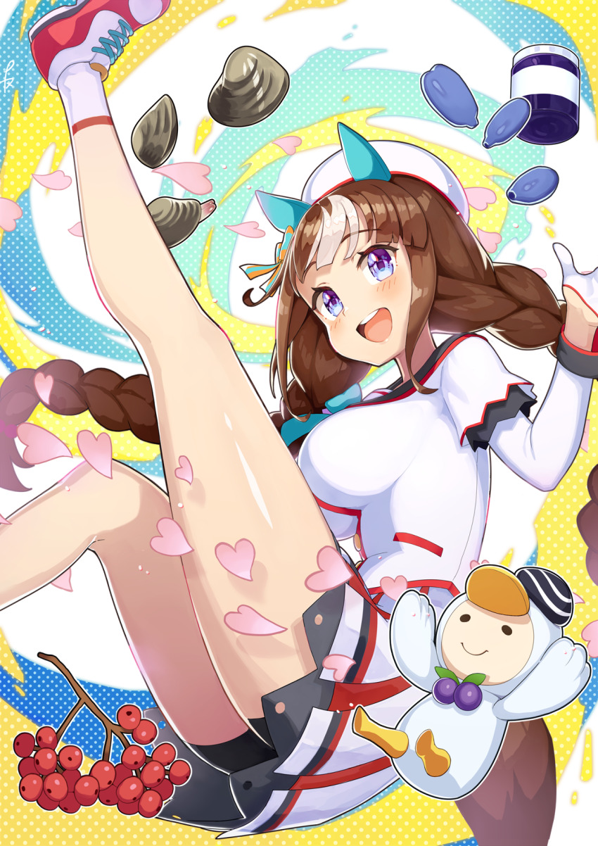 1girl :d animal_ears beret berry bike_shorts blue_eyes blunt_bangs braid breasts brown_hair clam commentary_request ear_covers gloves half_gloves haskap hat highres hokko_tarumae_(umamusume) horse_ears horse_girl inomata_konomu large_breasts long_hair looking_to_the_side multicolored_hair multicolored_shoes open_mouth red_shoes sailor_hat shoes shorts shorts_under_skirt smile sneakers socks solo_focus tomachop twin_braids two-tone_hair two-tone_shoes umamusume white_gloves white_hair white_headwear white_shoes white_socks