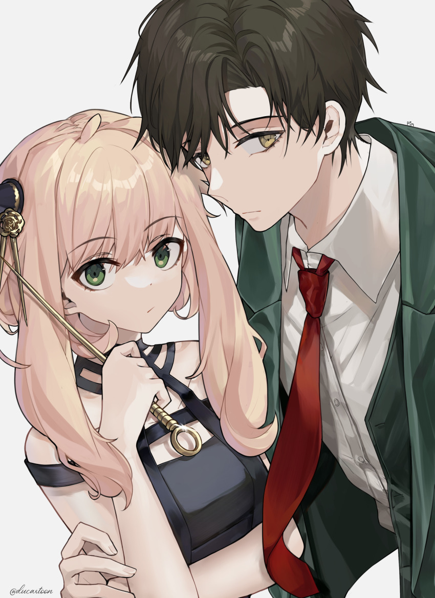 1boy 1girl absurdres aged_up ahoge anya_(spy_x_family) black_hair collarbone collared_shirt cosplay dagger damian_desmond dress ducartoon eyelashes green_eyes green_jacket highres jacket knife long_hair long_sleeves looking_at_viewer necktie pink_hair red_necktie shirt sleeveless sleeveless_dress spy_x_family stiletto_(weapon) twilight_(spy_x_family) twilight_(spy_x_family)_(cosplay) twitter_username weapon white_shirt wing_collar yellow_eyes yor_briar yor_briar_(cosplay)