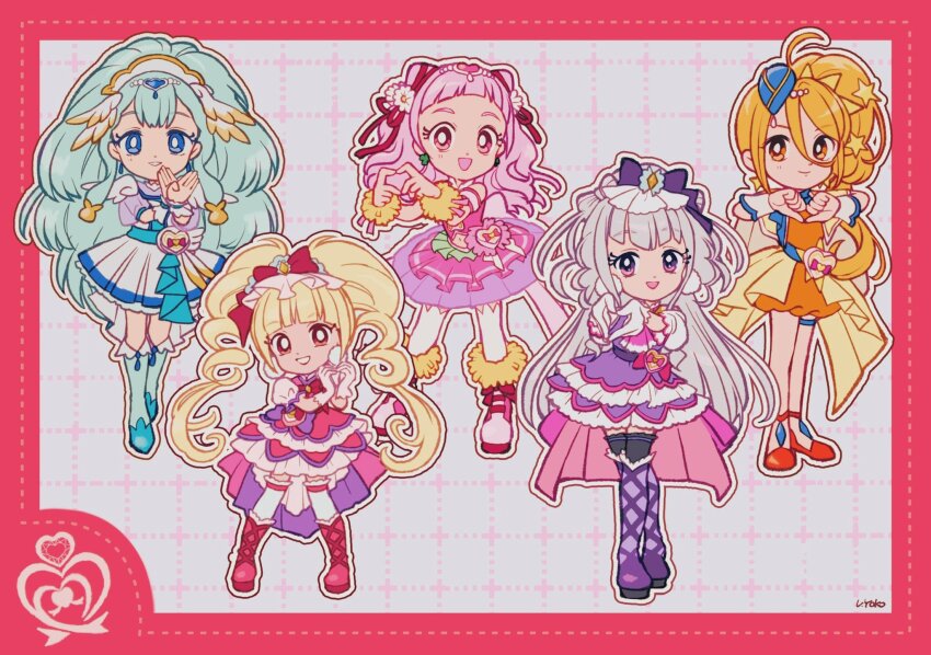 5girls aisaki_emiru ascot back_bow bag_bow bare_shoulders beads bib big_hair black_thighhighs blonde_hair blue_boots blue_eyes blue_hair blue_hat blue_sash blunt_bangs boots border bow bowtie braid braided_ponytail bright_pupils brooch bubble_skirt circlet clapping closed_mouth clover_earrings collared_dress collared_jacket collared_shirt commentary crop_top crossed_legs cure_amour cure_ange cure_etoile cure_macherie cure_yell curly_hair daisy_(flower) deformed detached_sleeves dot_nose dotted_line double_bun dress dress_bow drill_hair earrings electric_guitar eyelashes flower footwear_bow forehead four-leaf_clover_earrings frilled_dress frilled_footwear frilled_skirt frilled_sleeves frilled_socks frills full_body fur-trimmed_boots fur_trim gloves grey_background grid_background grin guitar hair_beads hair_between_eyes hair_bow hair_bun hair_flower hair_ornament hair_ribbon hair_scrunchie hairband happy hat heart heart-shaped_bag heart_hair_ornament heart_hands heart_print high_heel_boots high_heels highres hugtto!_precure instrument jacket jewelry kagayaki_homare knee_boots lace-up_boots lapels large_earrings light_blush lipstick long_hair long_skirt looking_at_viewer magical_girl makeup mascara medium_dress midriff mini_hat miniskirt multiple_girls navel nono_hana notched_lapels onesie open_clothes open_jacket open_mouth orange_dress orange_shorts outline outside_border over-kneehighs own_hands_together pink_ascot pink_bag pink_boots pink_bow pink_eyes pink_hair pink_shirt pink_skirt pink_sleeves platform_boots pleated_dress pleated_skirt pom_pom_(clothes) pom_pom_earrings precure puffy_short_sleeves puffy_sleeves pumps purple_boots purple_bow purple_dress purple_eyes purple_hair purple_sash purple_sleeves red_boots red_border red_bow red_bowtie red_dress red_eyes red_lips red_ribbon ribbon ruru_amour sash scrunchie see-through_clothes see-through_sleeves shirt short_dress short_hair short_sleeves shorts showgirl_skirt side_ponytail sidelocks signature single_braid skirt smile socks standing star_(symbol) star_hair_ornament tareme thigh_boots thighhighs train_(clothing) twin_drills twintails two-tone_bag uwded_207 very_long_hair waist_bag waist_sash wavy_hair white_bag white_dress white_flower white_gloves white_hairband white_outline white_pupils white_scrunchie white_sleeves white_socks white_thighhighs white_wrist_cuffs wide_sleeves wing_hair_ornament wrist_cuffs wrist_ribbon yakushiji_saaya yellow_eyes yellow_jacket yellow_skirt yellow_wrist_cuffs zettai_ryouiki