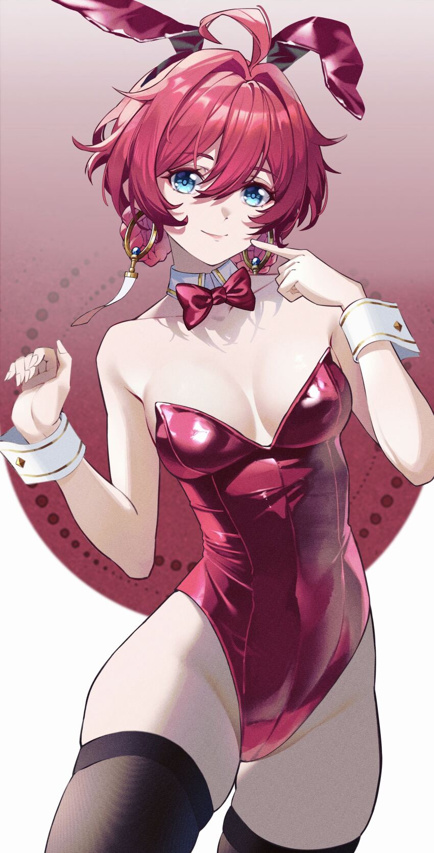 1girl absurdres ahoge alternate_costume animal_ears bare_arms bare_shoulders black_thighhighs blue_eyes bow bowtie braid breasts chinese_commentary collarbone colored_eyelashes commentary covered_navel cowboy_shot danjin_(wuthering_waves) detached_collar earrings elegg_(10437293) folded_braid gold_earrings hair_between_eyes hair_intakes highres hoop_earrings jewelry leotard lips lower_lip_only medium_breasts ofuda_earrings playboy_bunny pointing pointing_at_self rabbit_ears red_background red_bow red_bowtie red_hair red_leotard skindentation smile solo thighhighs twin_braids wrist_cuffs wuthering_waves