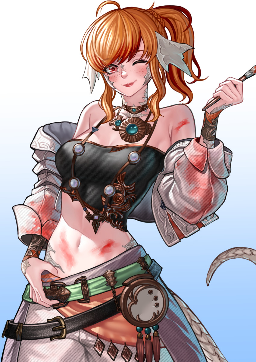 1girl au_ra bandeau bare_shoulders black_bandeau bracelet cropped_jacket dragon_girl dragon_horns dragon_tail final_fantasy final_fantasy_xiv freckles highres holding holding_paintbrush horns hyuu_(sing-dog) jacket jacket_partially_removed jewelry looking_at_viewer midriff navel one_eye_closed open_clothes open_jacket orange_eyes orange_hair paint_on_body paint_on_clothes paintbrush pants pictomancer_(final_fantasy) sash scales side_ponytail solo tail white_jacket white_pants