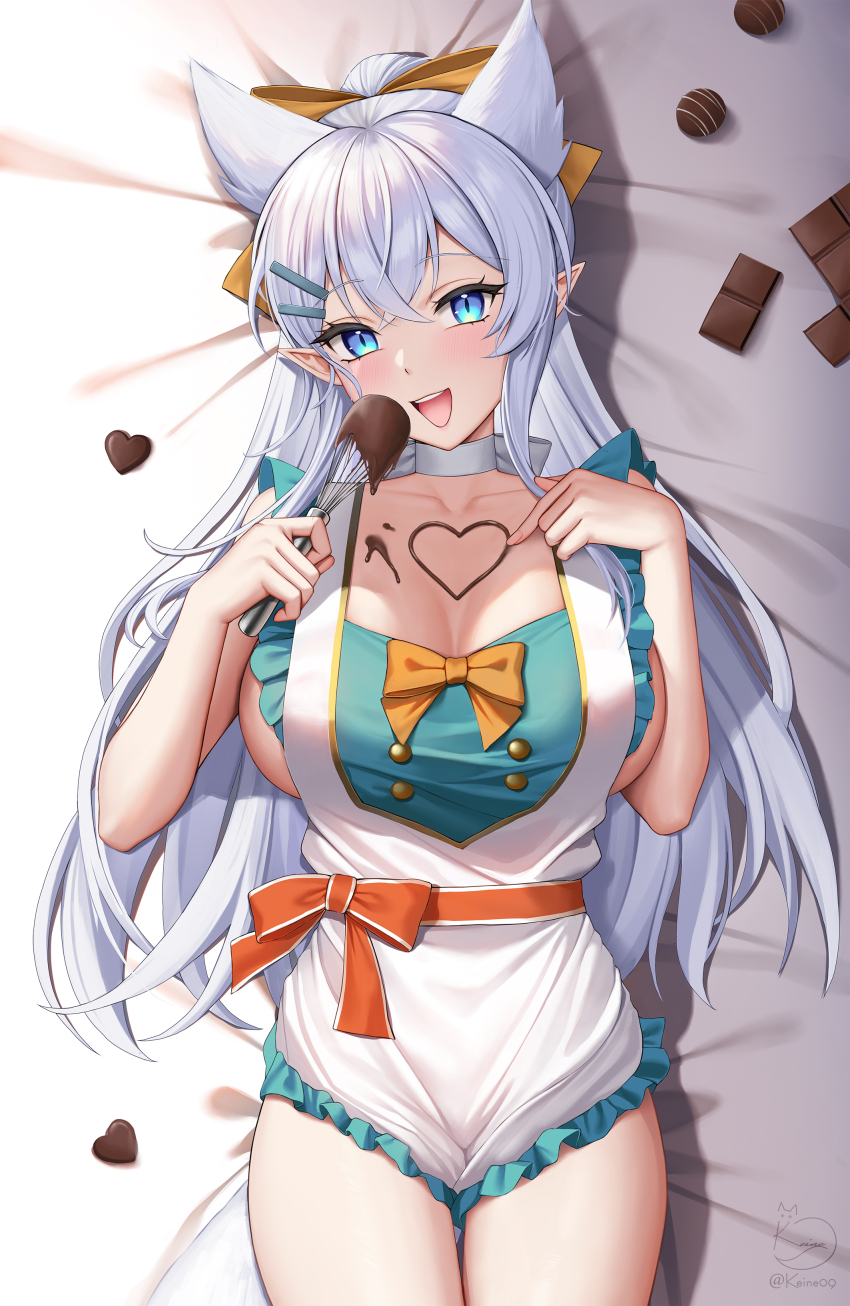 1girl :d absurdres animal_ears apron bare_arms blue_eyes blush breasts candy chocolate chocolate_heart chocolate_on_body choker cowboy_shot crossed_bangs dakimakura_(medium) fenrys food food_on_body hair_between_eyes heart heart-shaped_food highres holding holding_whisk keine09 large_breasts long_hair looking_at_viewer lv2_kara_cheat_datta_moto_yuusha_kouho_no_mattari_isekai_life lying naked_apron on_back open_mouth pointy_ears smile solo very_long_hair whisk white_choker white_hair wolf_ears