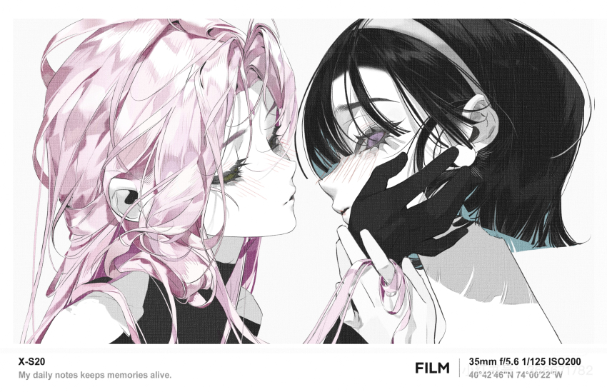 2girls absurdres alien_stage black_dress black_gloves black_hair bob_cut chenyuyu chinese_commentary closed_eyes commentary_request coordinates dress english_text gloves hairband hand_on_another&#039;s_face highres holding_another&#039;s_hair long_hair mizi_(alien_stage) multiple_girls pink_hair purple_eyes short_hair sua_(alien_stage) white_hairband yuri