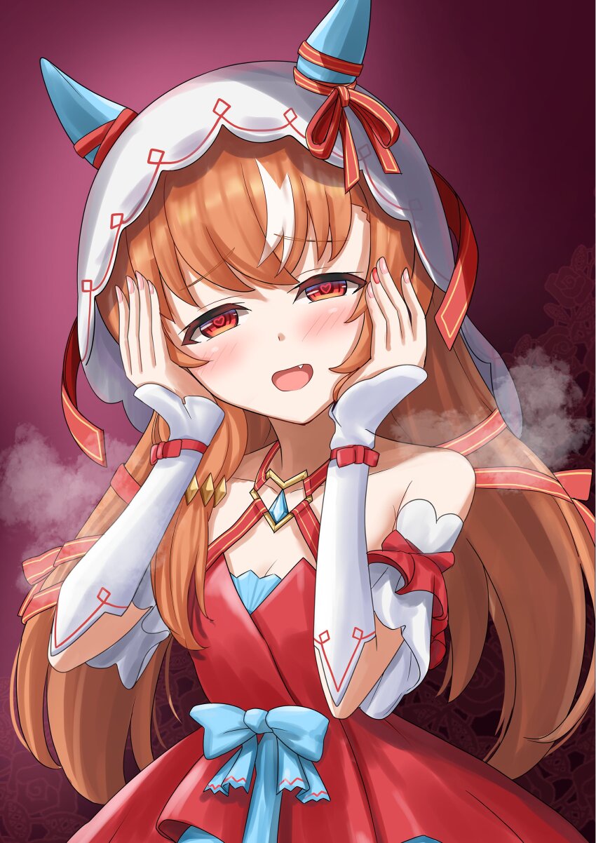 1girl absurdres blush breasts brown_hair cleavage collarbone detached_sleeves fang hair_between_eyes hair_ornament hands_on_own_cheeks hands_on_own_face heart heart-shaped_pupils highres horse_girl looking_at_viewer open_mouth red_eyes ribbon simple_background small_breasts solo steaming_body still_in_love_(umamusume) symbol-shaped_pupils umamusume unicorndd123 veil