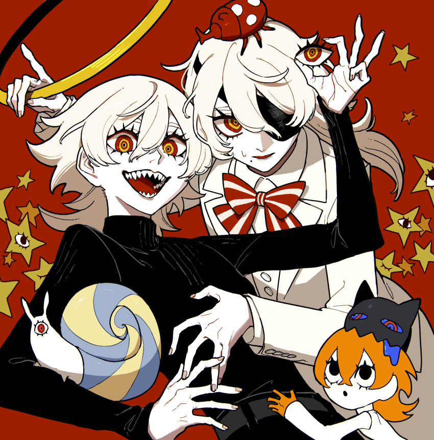 3girls beetle black_sweater bug creature eyepatch formal_clothes halo highres insect long_hair looking_at_viewer momomo_906 multicolored_eyes multiple_girls original red_background red_eyes ringed_eyes sharp_teeth snail star_(symbol) suit sweater teeth turtleneck turtleneck_sweater white_hair white_suit yellow_eyes