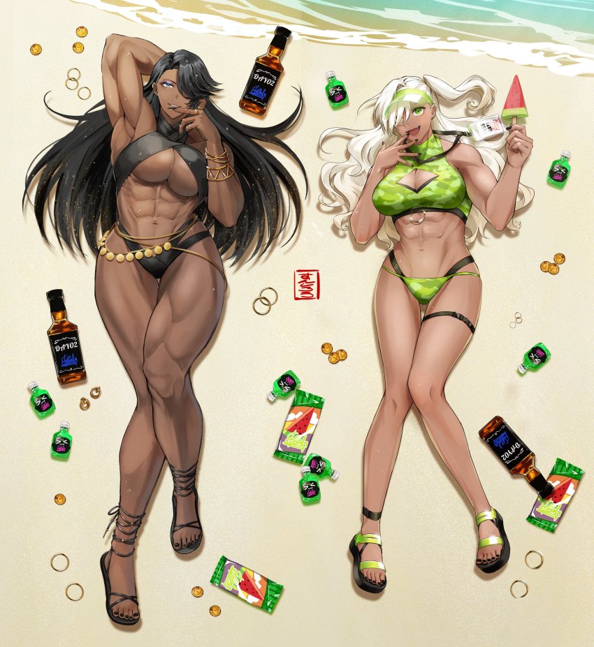 2girls abs absurdres alcohol anklet arm_behind_head beach belly_chain bikini black_bikini black_hair black_nails breasts candy coin commentary dark-skinned_female dark_skin eyelashes eyeshadow fang food from_above fruit full_body gluteal_fold hair_over_one_eye halterneck hand_in_mouth highres jewelry large_breasts leg_belt long_hair lying makeup multiple_girls muscular muscular_female nail_polish navel_piercing ocean on_back original piercing popsicle popsicle_stick sand sandals smile solo sunsirou swimsuit symbol-only_commentary tan thick_thighs thighs toenail_polish toenails watermelon