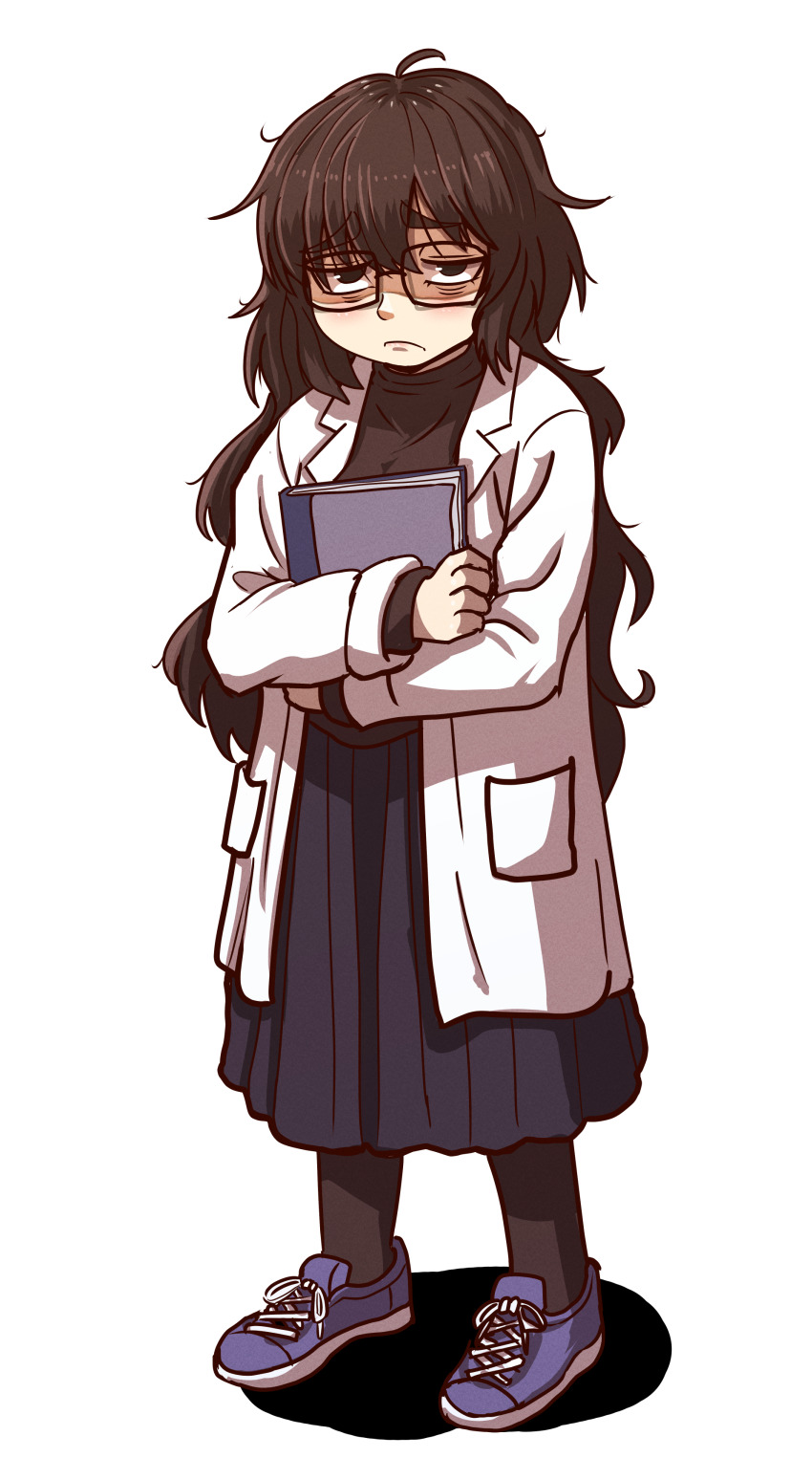 1girl absurdres ahoge bags_under_eyes black_eyes black_hair black_pantyhose black_skirt black_sweater blue_shoes book coat foxmofumofu frown full_body glasses highres holding holding_book if_you_want_to_become_a_godly_artist_(koyansuee) lab_coat long_hair looking_at_viewer messy_hair original pantyhose pleated_skirt sad shoes simple_background skirt sneakers standing sweater thick_eyebrows white_background white_coat