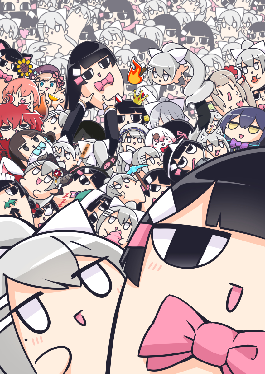 6+girls :d absurdres animal_ear_hairband animal_ears apron arms_up beret black_bow black_eyes black_hair blank_eyes blue_eyes bow bowtie brown_hair crown dola_(nijisanji) elu_(nijisanji) everyone fake_animal_ears flower green_hat grey_hair grey_horns hair_bow hair_flower hair_ornament hairband hairclip hat highres higuchi_kaede holding holding_pickaxe holding_torch honma_himawari horns jitome lifting_person mikura_kazuyuki mito_and_kaede mole mole_under_eye multiple_girls nijisanji nose_bubble open_mouth orange_hair orange_horns pickaxe pink_bow pink_bowtie pink_hair pointy_ears ponytail poop purple_bow purple_bowtie purple_hair purple_hat rabbit_ear_hairband rabbit_ears red_hair shiina_yuika shizuka_rin smile sunflower sunflower_hair_ornament suzuhara_lulu suzuka_utako title torch triangular_headpiece tsukino_mito virtual_youtuber white_apron white_bow white_hat yellow_eyes zzz |_|