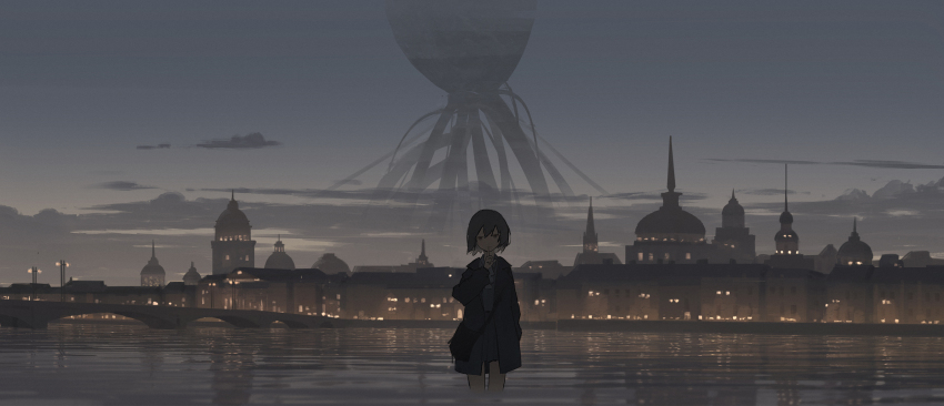 1girl bridge city city_lights cityscape cloud cloudy_sky coat collared_shirt dome double-parted_bangs dusk finger_to_mouth giant giant_monster grey_hair hand_in_pocket hand_to_own_mouth highres horror_(theme) in_water laluna lamppost long_coat long_sleeves looking_at_viewer open_clothes open_coat original pleated_skirt reflection reflective_water ripples river scenery shirt short_hair shushing skirt sky solo spire standing straight-on wading wide_shot