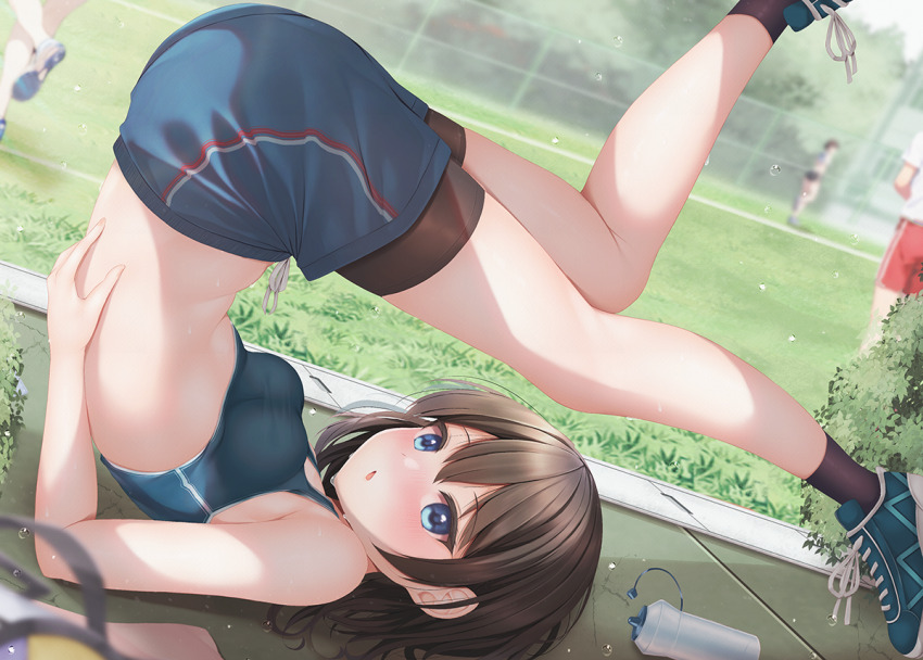 1girl bare_legs bare_shoulders bike_shorts black_socks blue_eyes blue_shorts blush bottle breasts brown_hair commentary_request day flying_sweatdrops from_side full_body gym_shorts legs looking_at_viewer lying medium_breasts medium_hair midriff minato_ojitan multiple_others on_back on_ground open_mouth original outdoors shoelaces shoes shorts small_breasts sneakers socks solo_focus sports_bra stretching sweat sweatdrop thighs upside-down water_bottle yoga