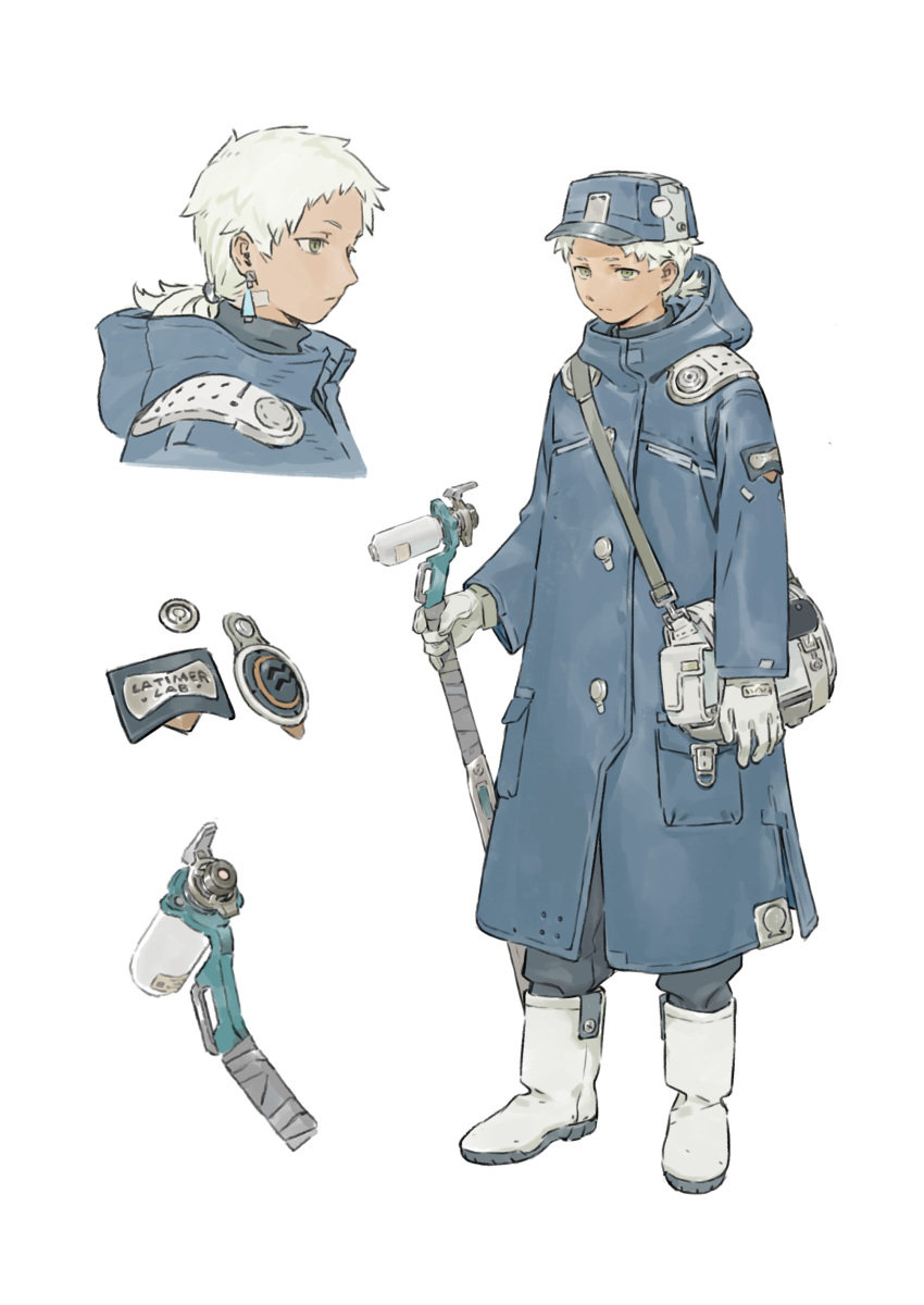 1boy absurdres bag blue_coat boots chenrong96 closed_mouth coat earrings expressionless gloves green_eyes grey_bag grey_gloves grey_hair highres holding hood hood_down hooded_coat jewelry male_focus multiple_views original pants ponytail short_hair simple_background single_earring standing white_background