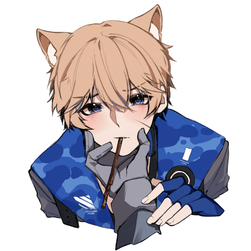 1boy absurdres animal_ears blush cat_ears dochikun food hand_on_chin highres image_sample lee:_entropy_(pgr) lee_(pgr) looking_at_viewer pixiv_sample pocky punishing:_gray_raven solo_focus white_background