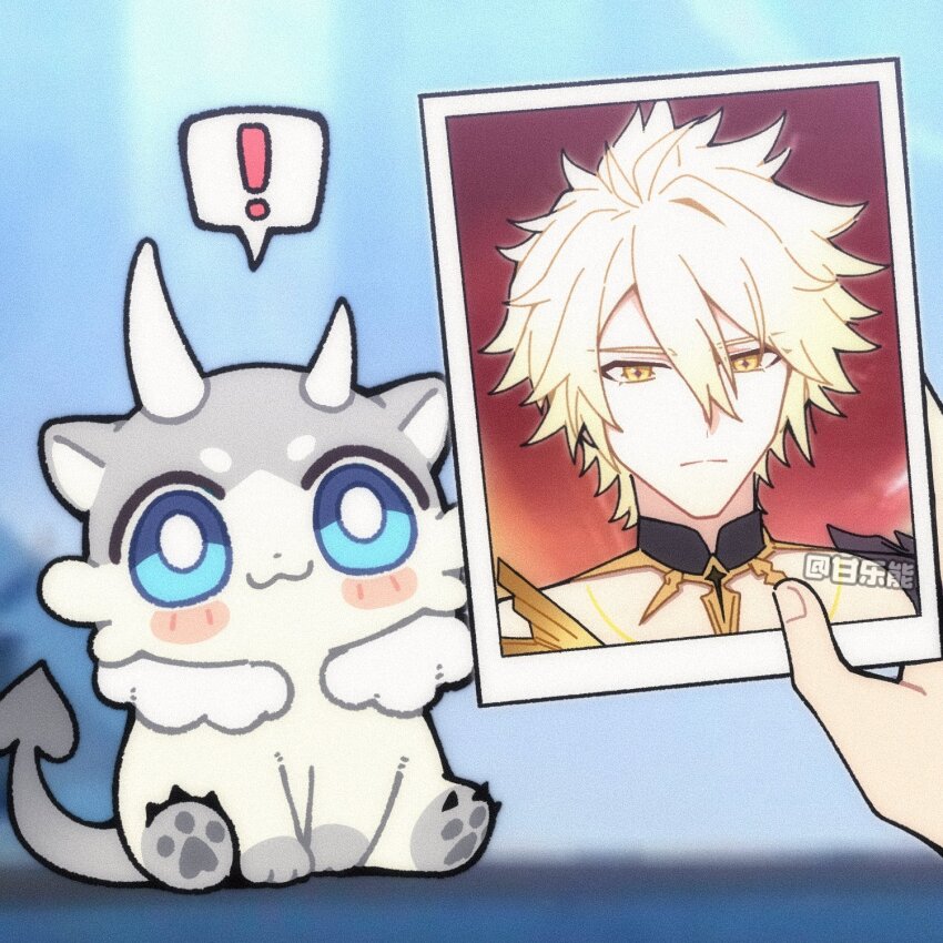 ! 1boy 1other artist_name asymmetrical_horns blonde_hair blush_stickers chimera_(honkai:_star_rail) commentary english_commentary ganleneng0328 hair_between_eyes highres honkai:_star_rail honkai_(series) horns looking_at_viewer phainon_(honkai:_star_rail) photo_(object) pov pov_hands short_hair spoken_exclamation_mark uneven_horns yellow_eyes