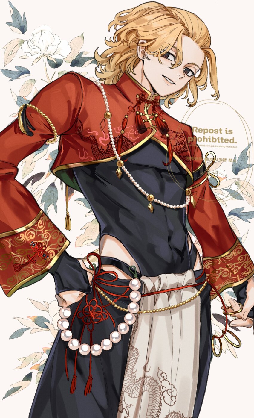 1boy abs black_eyes black_gloves black_pants blonde_hair bo_1125359 bridal_gauntlets chinese_clothes covered_navel dragon_print empty_eyes gloves highres long_sleeves looking_at_viewer male_focus medium_hair pants pelvic_curtain sano_manjirou side_slit smile tassel tokyo_revengers wide_sleeves