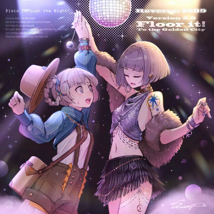 2girls arm_up bag bare_shoulders black_skirt blue_nails blue_shrug blunt_bangs blunt_ends boater_hat bracelet braid braided_hair_rings brown_hat closed_eyes cowboy_shot dancing dark_background disco_ball earrings english_text feather_boa freckles from_side furrowed_brow gold_choker grey_eyes grey_hair grey_shorts grey_tank_top hair_ornament hair_rings hands_up hat highres holding holding_hands holding_pendulum indoors interlocked_fingers jewelry looking_at_another matilda_bouanich matilda_bouanich_(the_genius&#039;s_holiday) mercuria_(reverse:1999) miniskirt multiple_girls open_mouth pendulum pixel_text reverse:1999 sawasa shirt short_hair shorts shoulder_bag shoulder_tattoo shrug_(clothing) skirt smile spotlight star_(symbol) star_hair_ornament suspender_shorts suspenders sweatdrop tank_top tattoo teeth unworn_hat unworn_headwear upper_teeth_only white_shirt