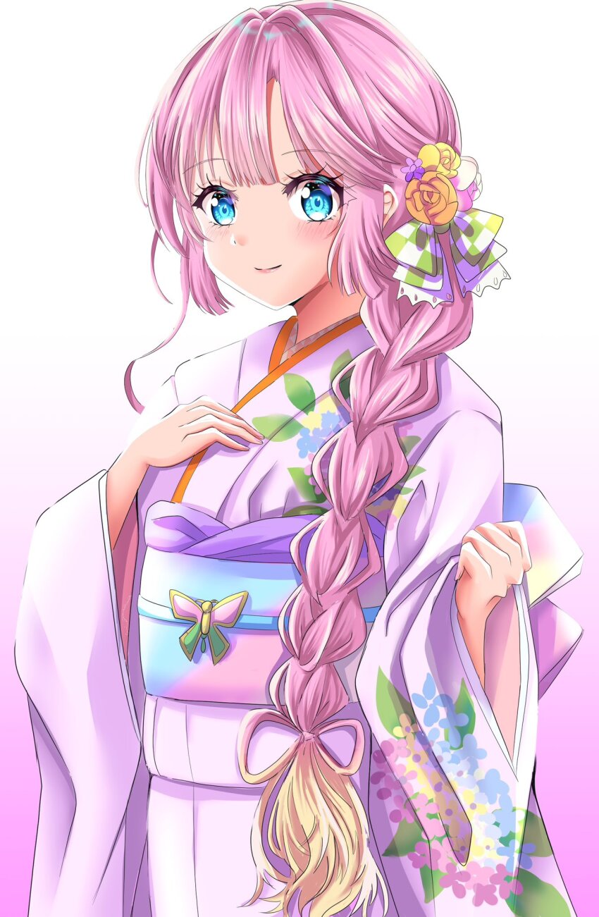 1girl anyoji_hime blue_sash blunt_bangs blush bow bow-shaped_hair braid checkered_bow checkered_clothes closed_mouth commentary cowboy_shot floral_print floral_print_kimono flower gradient_background green_bow hair_bow hair_flower hair_intakes hair_ornament hand_on_own_chest hasu_no_sora_karuta_(love_live!) highres japanese_clothes kimono link!_like!_love_live! long_braid long_hair long_sleeves looking_at_viewer love_live! maymaru obi obiage obijime official_alternate_costume orange_flower pinching_sleeves pink_background pink_flower pink_kimono pink_sash print_kimono purple_flower sash sidelocks simple_background single_braid smile solo split_mouth swept_bangs symbol-only_commentary two-tone_sash virtual_youtuber white_background wide_sleeves yellow_flower