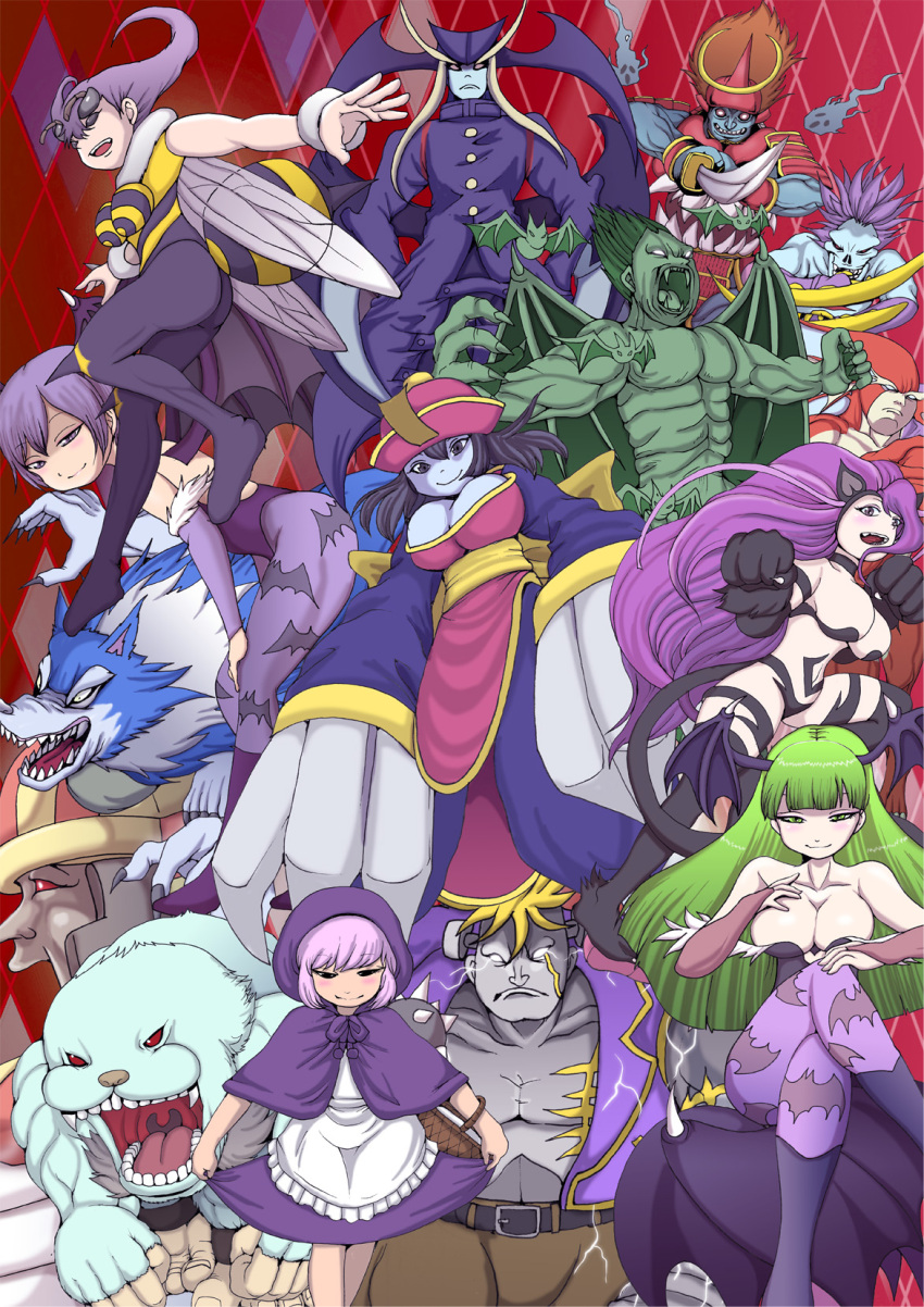 6+boys 6+girls anakaris ancient_egyptian animal_ears animal_hands animal_print b.b._hood bare_shoulders bat_print bishamon_(darkstalkers) breasts bridal_gauntlets capcom cat_ears cat_girl cat_paws cat_tail cleavage clothing_cutout collarbone darkstalkers demitri_maximoff demon_girl felicia_(darkstalkers) green_eyes green_hair hat head_wings heart_cutout highres hsien-ko jedah_dohma jon_talbain large_breasts lilith_(darkstalkers) long_hair looking_at_viewer lord_raptor matching_hair/eyes morrigan_aensland multiple_boys multiple_girls open_mouth oshikiri_rensuke pantyhose purple_hair q-bee rikuo_(darkstalkers) sasquatch_(darkstalkers) smile sword tail teeth vampire victor_von_gerdenheim weapon wings