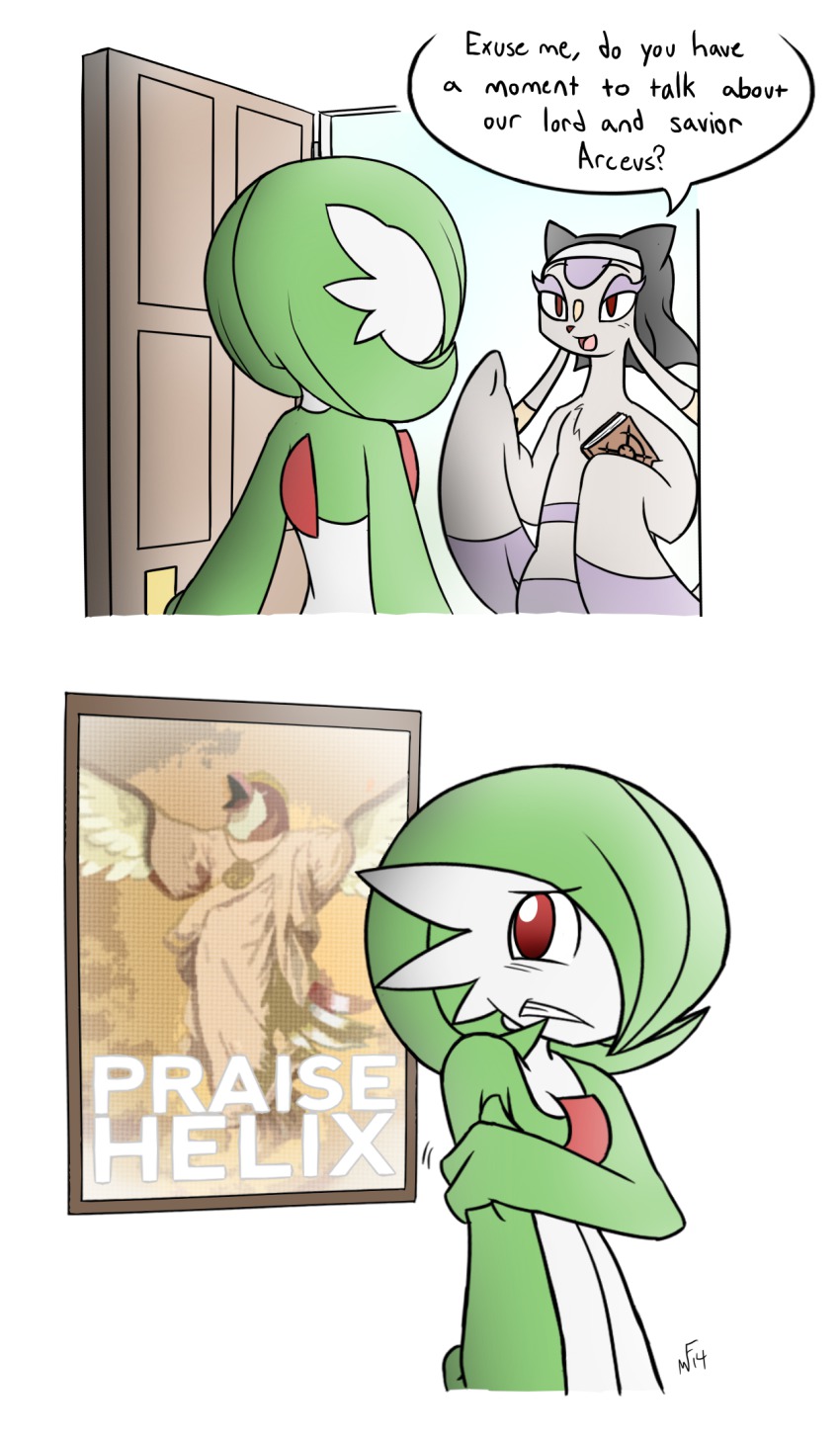 book clenched_teeth clothed_pokemon comic door english_text fossil game_freak gardevoir gen_1_pokemon gen_3_pokemon gen_5_pokemon habit helix_fossil highres jewelry looking_back mienshao necklace nintendo open_mouth parted_lips pidgeot pokemon pokemon_(creature) poster_(object) rakkuguy red_eyes robe teeth twitch_plays_pokemon