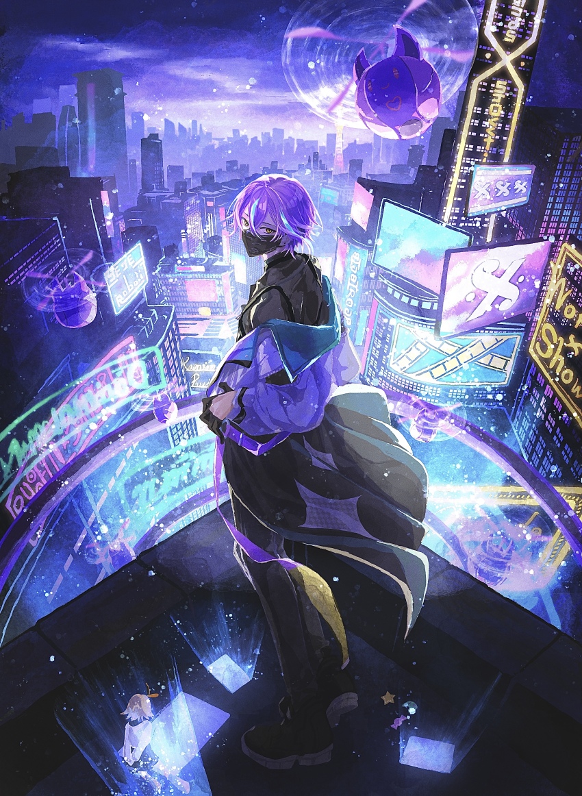 1boy 1girl absurdres black_coat black_footwear black_gloves black_mask black_pants blonde_hair blue_hair building candy canop_s city_lights cityscape coat drone food full_body gloves grey_shirt gyakkou_no_lens_flare_(project_sekai) hair_ribbon highres hologram holographic_monitor kagamine_rin kamishiro_rui light_particles looking_at_viewer looking_back male_focus mask mouth_mask multicolored_coat multicolored_hair off_shoulder official_alternate_costume pants project_sekai purple_coat purple_hair ribbon shirt short_hair skyline skyscraper standing streaked_hair two-tone_coat vocaloid white_shirt wonderlands_x_showtime_(project_sekai) wonderlands_x_showtime_rin yellow_eyes