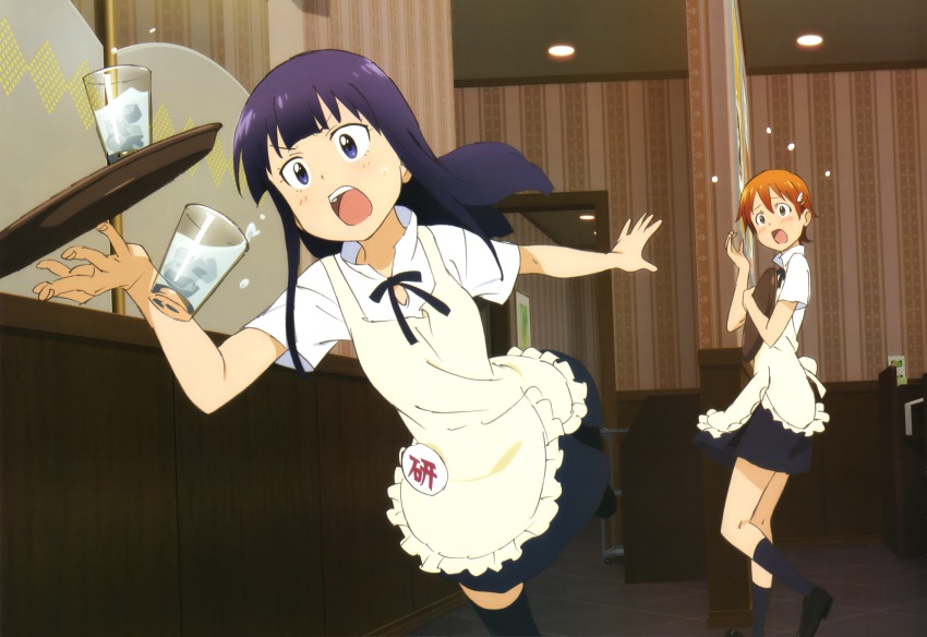 2girls absurdres apron drink highres inami_mahiru legs long_hair multiple_girls non-web_source nyantype official_art open_mouth orange_hair purple_hair scan short_hair socks takase_tomoaki thighhighs tray waitress working!! yamada_aoi zettai_ryouiki