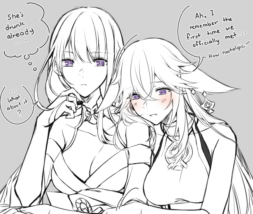 2girls animal_ears blush breasts cleavage commentary dress drunk earrings english_commentary english_text fox_ears genshin_impact greyscale head_on_another&#039;s_shoulder jewelry large_breasts monochrome multiple_girls off_shoulder parted_lips purple_eyes raiden_shogun sieka_(piiroinardesco) speech_bubble spot_color thought_bubble yae_miko yuri
