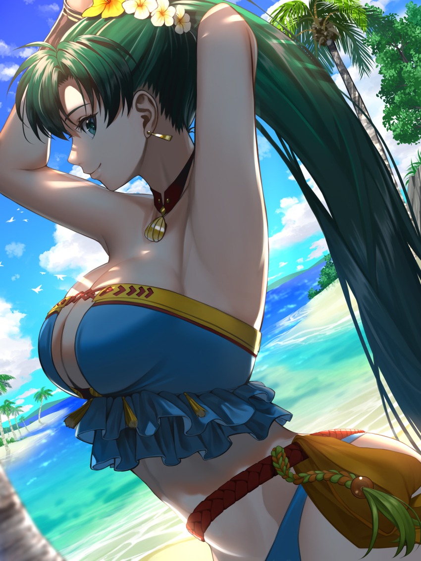 1girl adjusting_hair armpits bare_shoulders beach bikini blue_bikini blue_eyes blue_sky breasts cleavage cloud cloudy_sky delsaber earrings fire_emblem fire_emblem:_the_blazing_blade fire_emblem_heroes from_side green_hair head_wreath highres jewelry large_breasts long_hair lyn_(fire_emblem) lyn_(lady_of_the_beach)_(fire_emblem) nintendo ocean palm_tree ponytail sand sky solo stomach strapless strapless_bikini swimsuit tree