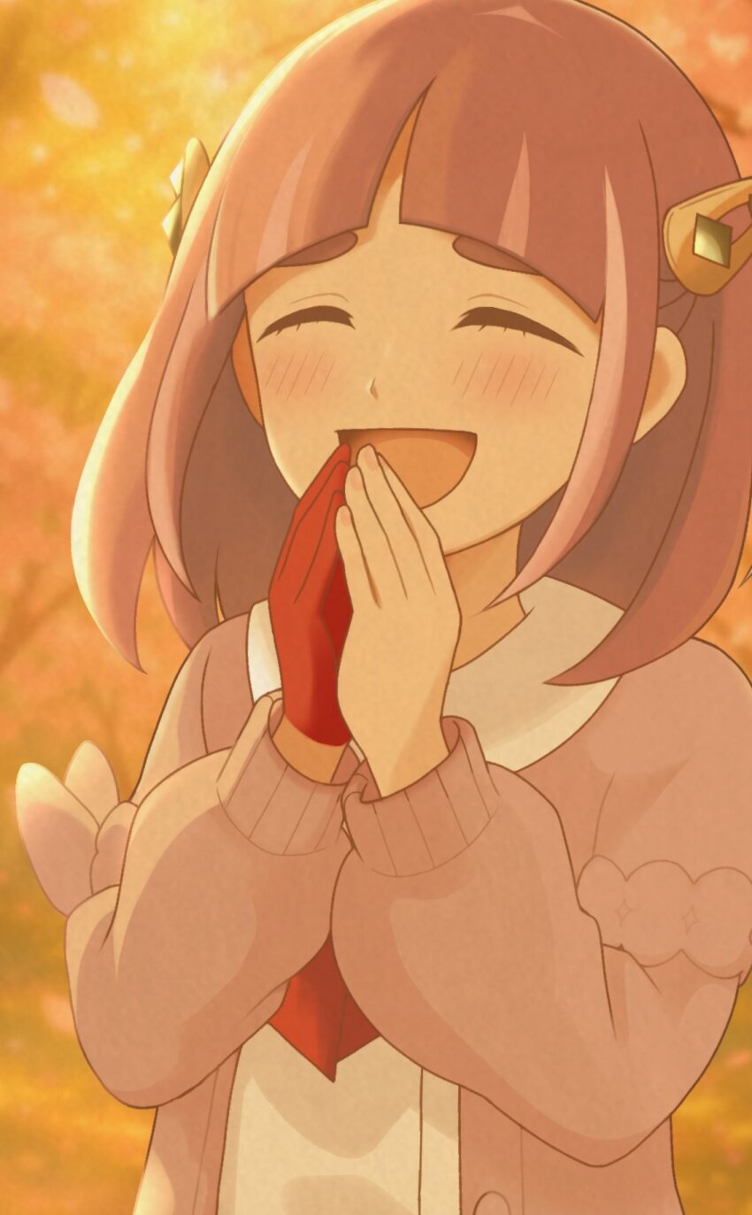1girl :d blurry blurry_background blush cardigan closed_eyes commentary_request eyelashes gloves hair_ornament hairclip happy highres lacey_(pokemon) long_hair nakikot_t nintendo open_cardigan open_clothes open_mouth outdoors own_hands_together pokemon pokemon_sv purple_hair red_gloves shirt single_glove smile solo white_shirt