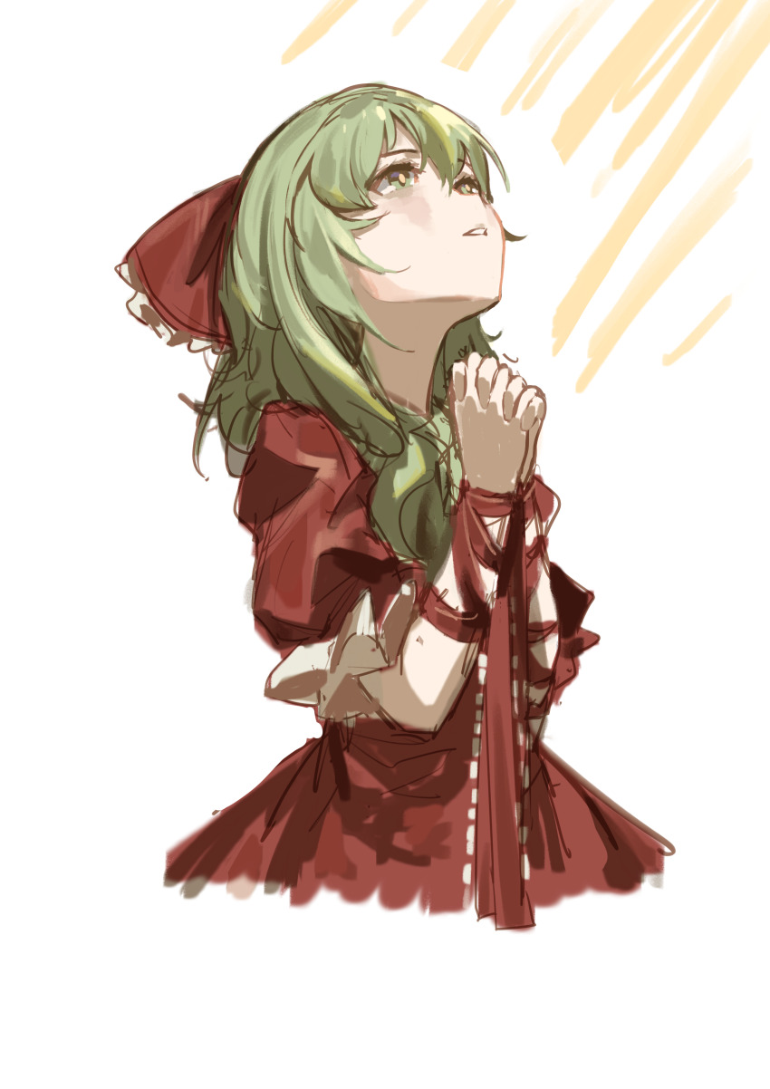 1girl absurdres bound bound_wrists bow cropped_legs dress frilled_bow frilled_sleeves frills front_ponytail green_eyes green_hair hair_bow highres kagiyama_hina light_rays long_hair looking_up own_hands_clasped own_hands_together parted_lips puffy_short_sleeves puffy_sleeves red_bow red_dress red_ribbon ribbon short_sleeves smile solo touhou wb_yimo white_background wrist_ribbon