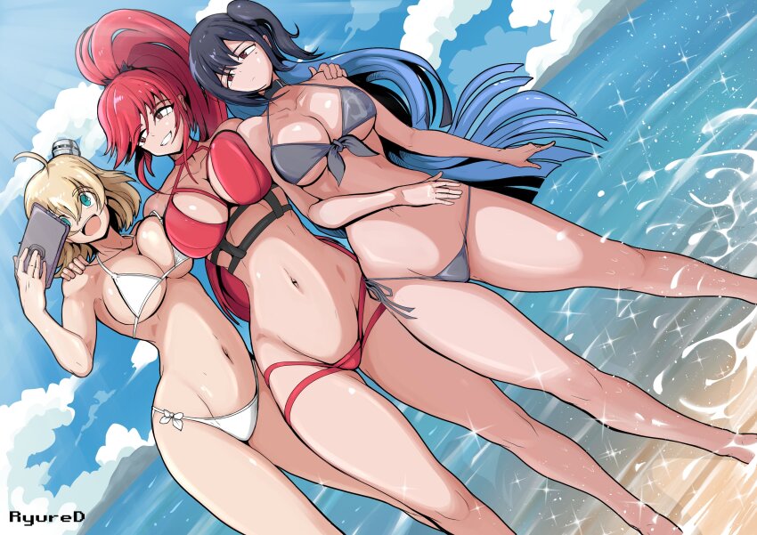 3girls absurdres ahoge alternate_costume anchor_symbol arm_around_shoulder artist_name azur_lane beach bikini black_bikini black_hair blonde_hair blue_eyes blue_hair blue_sky breast_press breasts cellphone choker cleavage closed_mouth cloud colored_inner_hair commentary commission dutch_angle english_commentary english_text expressionless front-tie_bikini_top front-tie_top full_body hair_between_eyes hair_ornament happy high_ponytail highleg highleg_bikini highres horizon hug_from_side large_breasts light_rays long_hair looking_to_the_side maryland_(azur_lane) maryland_(red-hot_drummer)_(azur_lane) medium_hair mole mole_under_eye mountainous_horizon multicolored_hair multiple_girls navel ocean official_alternate_costume oklahoma_(azur_lane) one_side_up open_mouth outdoors phone ponytail red_bikini red_eyes red_hair ryured selfie shadow side-tie_bikini_bottom sidelocks sideways_glance sky smartphone smile smirk smokestack sparkle splashing standing sunbeam sunlight swimsuit taking_picture teeth thighs water waves west_virginia_(azur_lane) west_virginia_(scenic_rhapsody)_(azur_lane) wet white_bikini