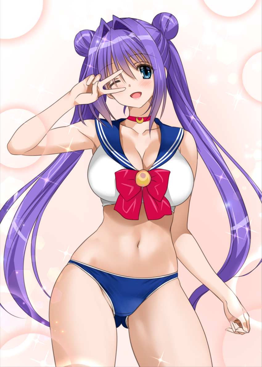1girl bishoujo_senshi_sailor_moon blue_eyes blue_panties blue_sailor_collar blush bow bra breasts bubble bubble_background choker cleavage collarbone cosplay cowboy_shot crop_top double_bun gluteal_fold hair_bun hair_intakes highres kanon large_breasts long_hair looking_at_viewer magical_girl midriff minase_akiko mitarashi_kousei navel one_eye_closed open_mouth panties purple_hair red_bow red_choker sailor_collar sailor_moon sailor_moon_(cosplay) sailor_senshi_uniform simple_background smile solo sparkle sparkle_background standing twintails underwear v v_over_eye very_long_hair