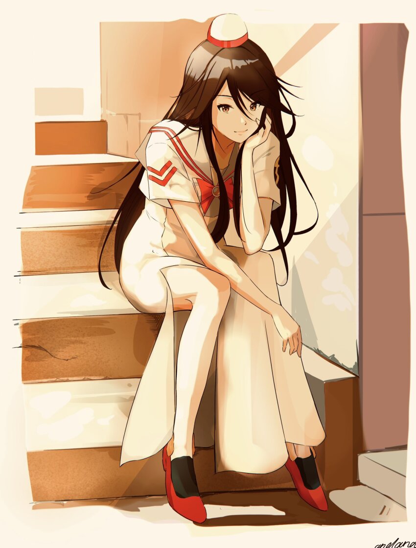 1girl akira_ferrari andanden aria_(manga) bow bowtie brown_eyes brown_hair closed_mouth collarbone dress flower full_body hair_between_eyes hashtag-only_commentary head_rest high_heels highres himeya_company_uniform long_hair looking_at_viewer outdoors red_bow red_bowtie red_flower red_headwear sailor_collar shadow short_sleeves side_slit sidelocks signature sitting sitting_on_stairs smile solo stairs two-tone_headwear very_long_hair white_dress white_headwear