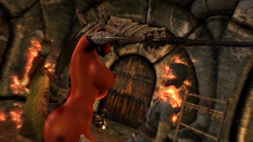 1girl ass breasts daedra demon_girl fire highres huge_ass huge_breasts magic sword the_elder_scrolls the_elder_scrolls_v:_skyrim weapon
