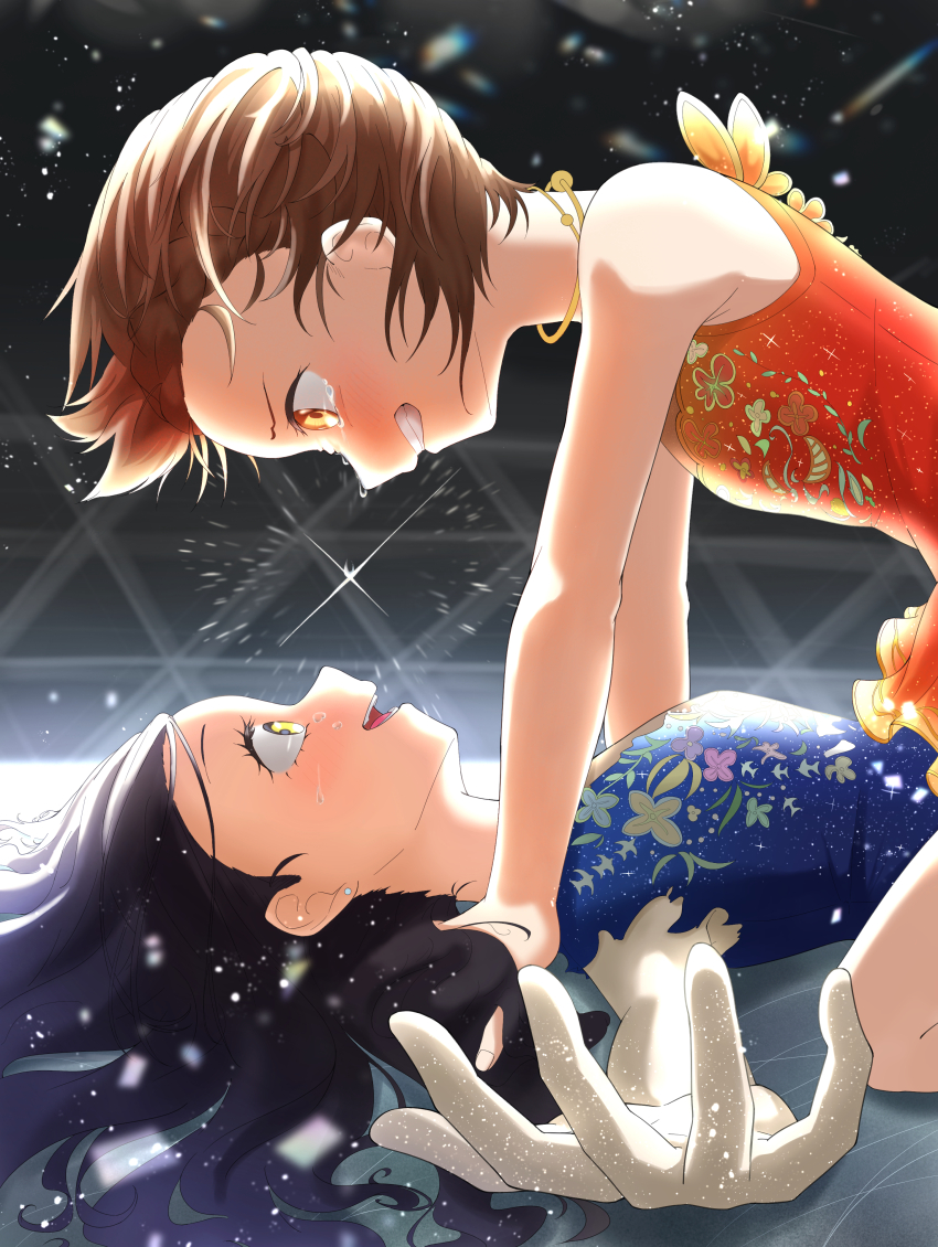 2girls absurdres black_hair brown_hair clenched_teeth figure_skating_dress guruguru_mobbu highres kamisaki_hikaru light_particles medalist_(manga) multiple_girls on_ground open_mouth pinned skating_rink straddling tears teeth yellow_eyes yuitsuka_inori
