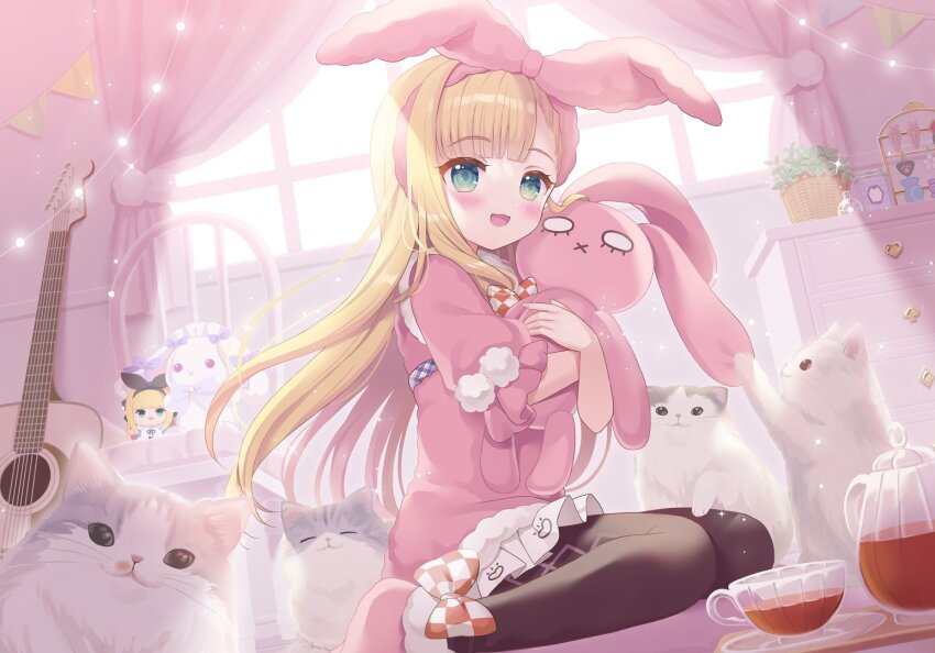 aqua_eyes black_pantyhose blonde_hair blush cat hoshimame_mana long_hair mononobe_alice nijisanji open_mouth pantyhose pleated_skirt sitting skirt smile stuffed_animal stuffed_rabbit stuffed_toy virtual_youtuber white_skirt