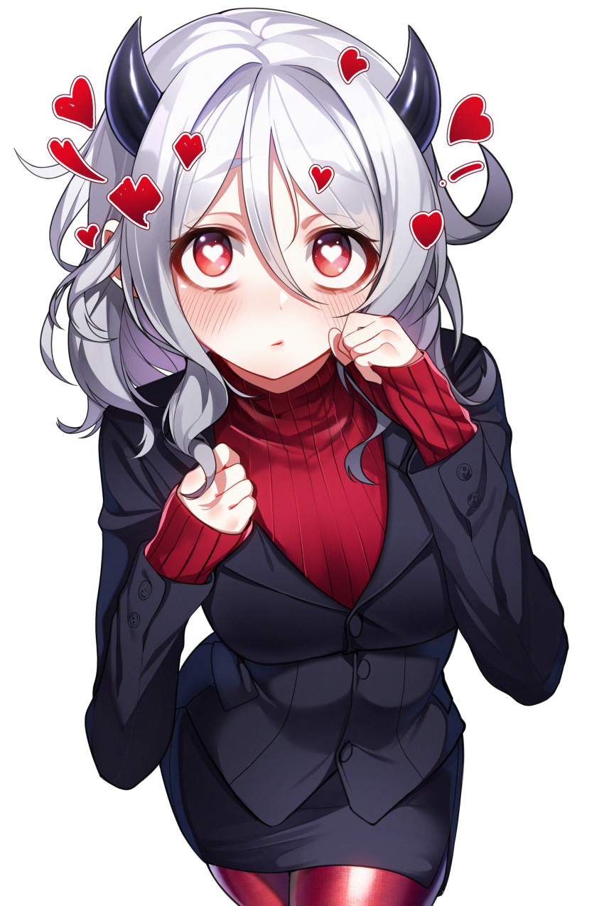 1girl absurdres black_jacket black_skirt blush breasts closed_mouth demon_horns female_focus formal_clothes hair_between_eyes hands_up heart heart-shaped_pupils helltaker highres horns jacket long_sleeves looking_at_viewer medium_breasts modeus_(helltaker) pantyhose parted_bangs pencil_skirt red_eyes red_pantyhose red_sweater ribbed_sweater silver_hair simple_background skirt sleeves_past_wrists solo suit sweater symbol-shaped_pupils the_cold turtleneck turtleneck_sweater white_background