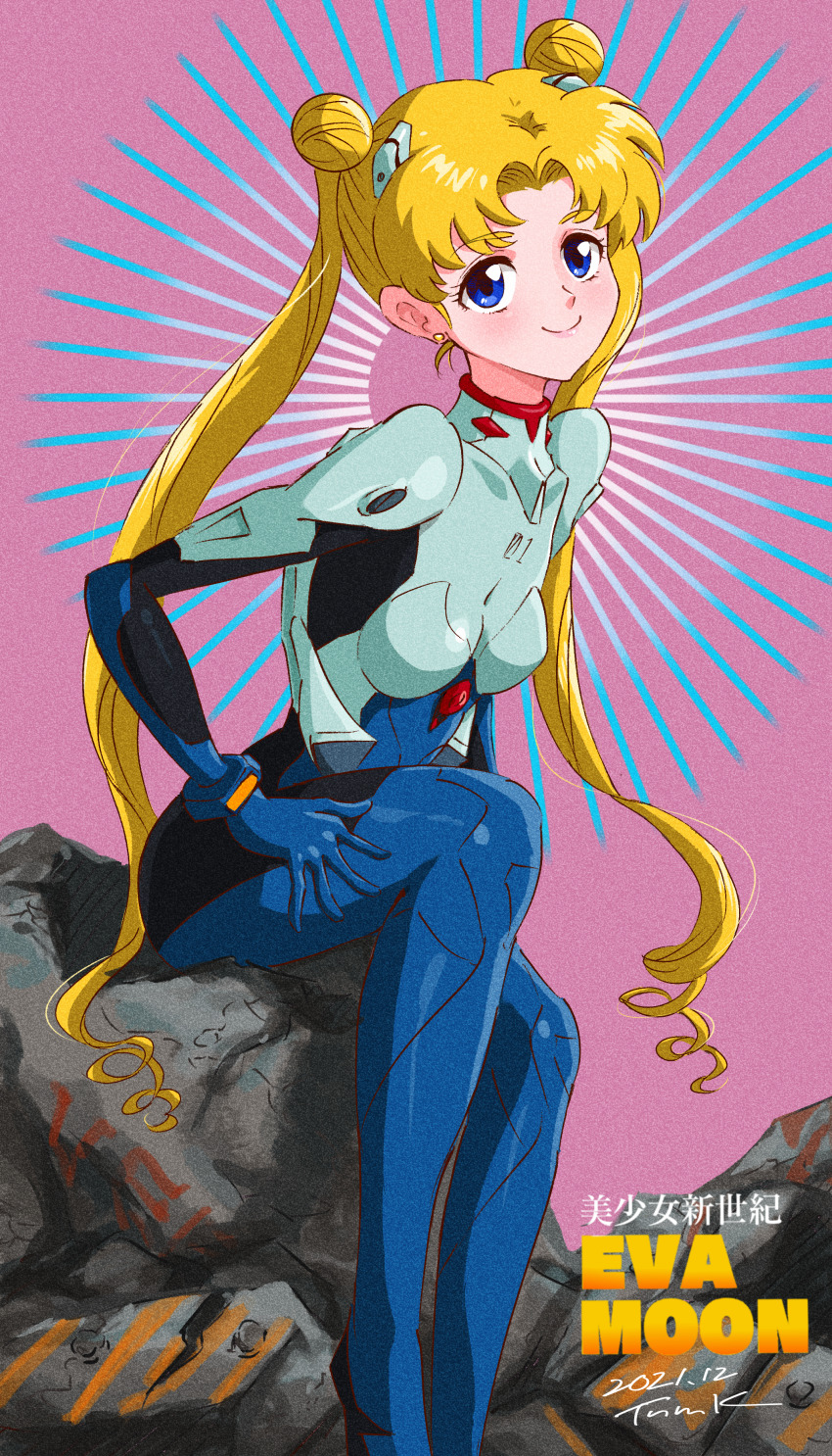 1girl absurdres bishoujo_senshi_sailor_moon blonde_hair blue_eyes bodysuit breasts cosplay double_bun earrings hair_bun highres ikari_shinji ikari_shinji_(cosplay) interface_headset_(evangelion) jewelry long_hair looking_at_viewer mecha_pilot_suit multicolored_bodysuit neon_genesis_evangelion plugsuit_(evangelion) purple_background rubble sitting tsukino_usagi tsunemoku twintails