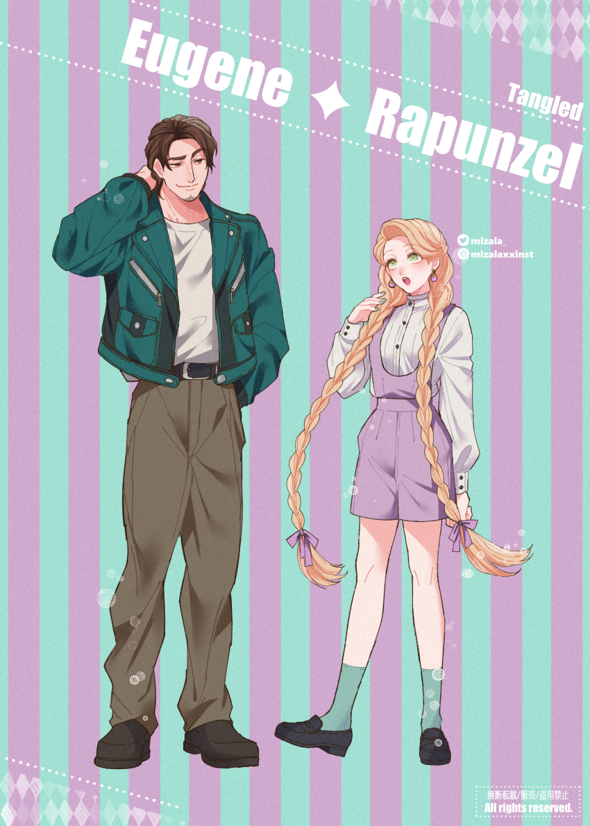 1girl absurdly_long_hair absurdres alternate_costume blonde_hair bow braid brown_hair casual contemporary flynn_rider green_eyes hair_ornament highres long_hair long_sleeves looking_at_viewer mizala rapunzel_(disney) short_hair smile tangled twin_braids very_long_hair