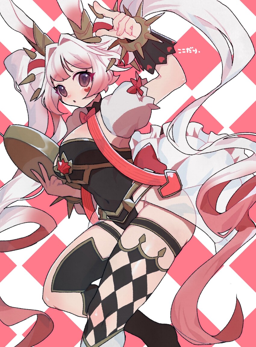 1girl animal_ears arm_up armpits asymmetrical_legwear black_leotard blush breasts checkered_background checkered_clothes checkered_legwear covered_navel double_bun duel_monster hair_bun hairband heart heart_tattoo highres holding holding_pocket_watch kokodari large_breasts leotard long_hair looking_at_viewer maliss_&lt;p&gt;_white_rabbit open_mouth pink_eyes pink_hair pocket_watch rabbit_ears rabbit_girl solo spiked_hairband spiked_wristband spikes tattoo thigh_strap twintails watch yu-gi-oh!